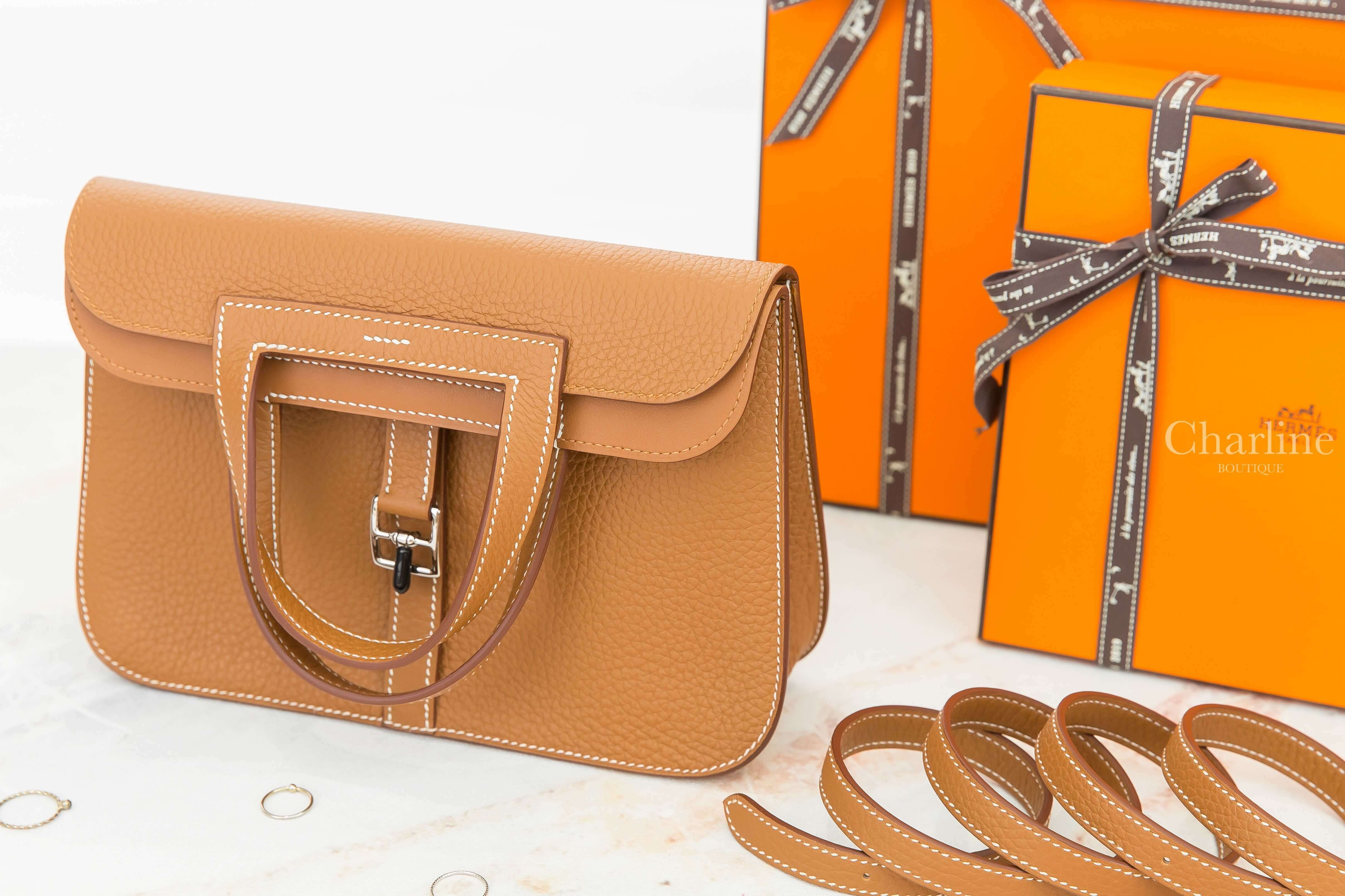Hermès Sac Halzan 25cm 37 Gold Taurillon Clemence Z刻焦糖色銀釦手提肩背包-Charline Boutique 精品代購