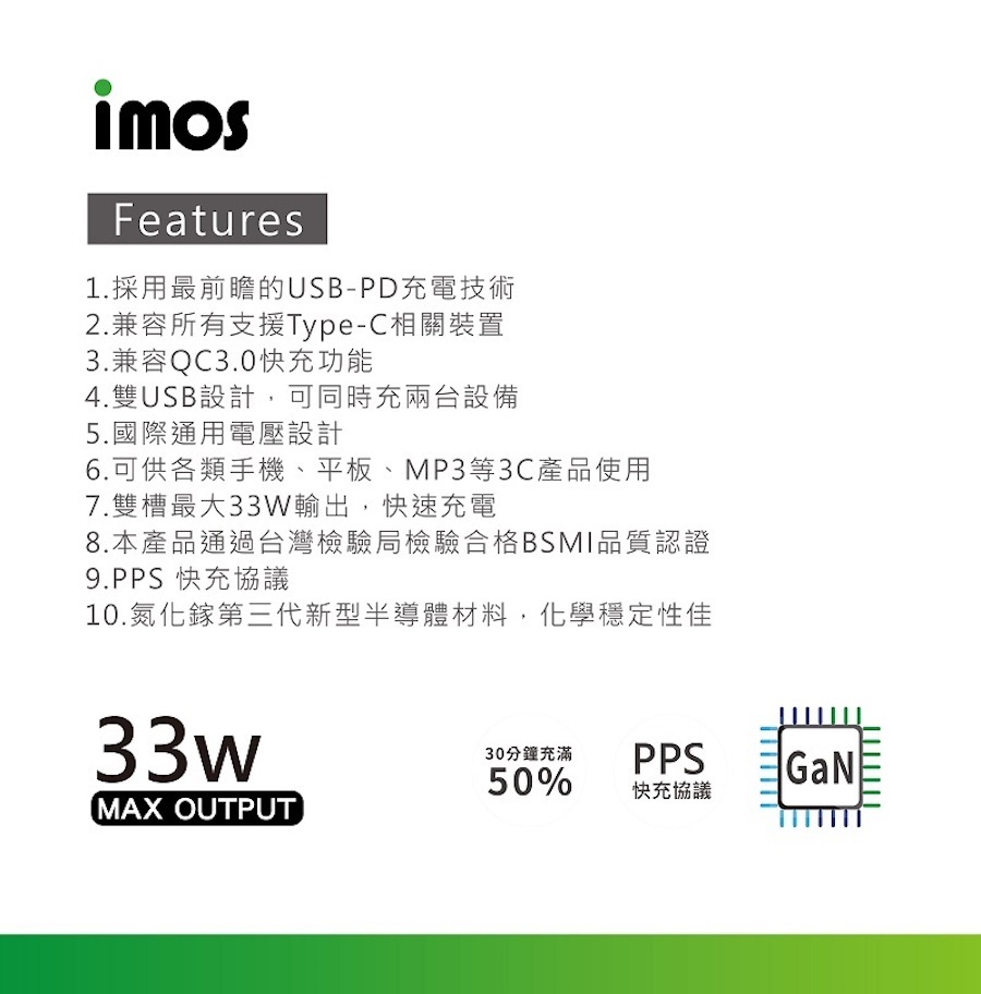 imos 33W｜GaN氮化鎵 PD 3.0 + QC3.0  雙孔 閃電快充 充電器 三年保固 - 商品分享