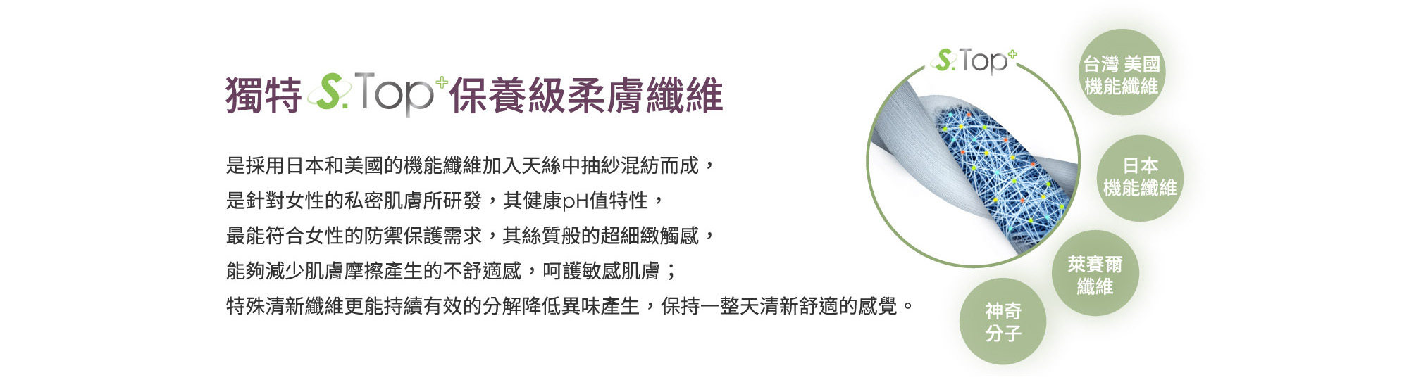 採用日本和美國的機能纖維加入天絲中抽紗混而成, 針對女性的私密肌膚所研發,其健康PH值特性, 最能符合女性的防禦保護需求,其絲質般的超細緻觸感, 能夠減少肌膚摩擦產生的不舒適感,呵護敏感肌膚; 特殊清新纖維更能持續有效的分解降低異味產生