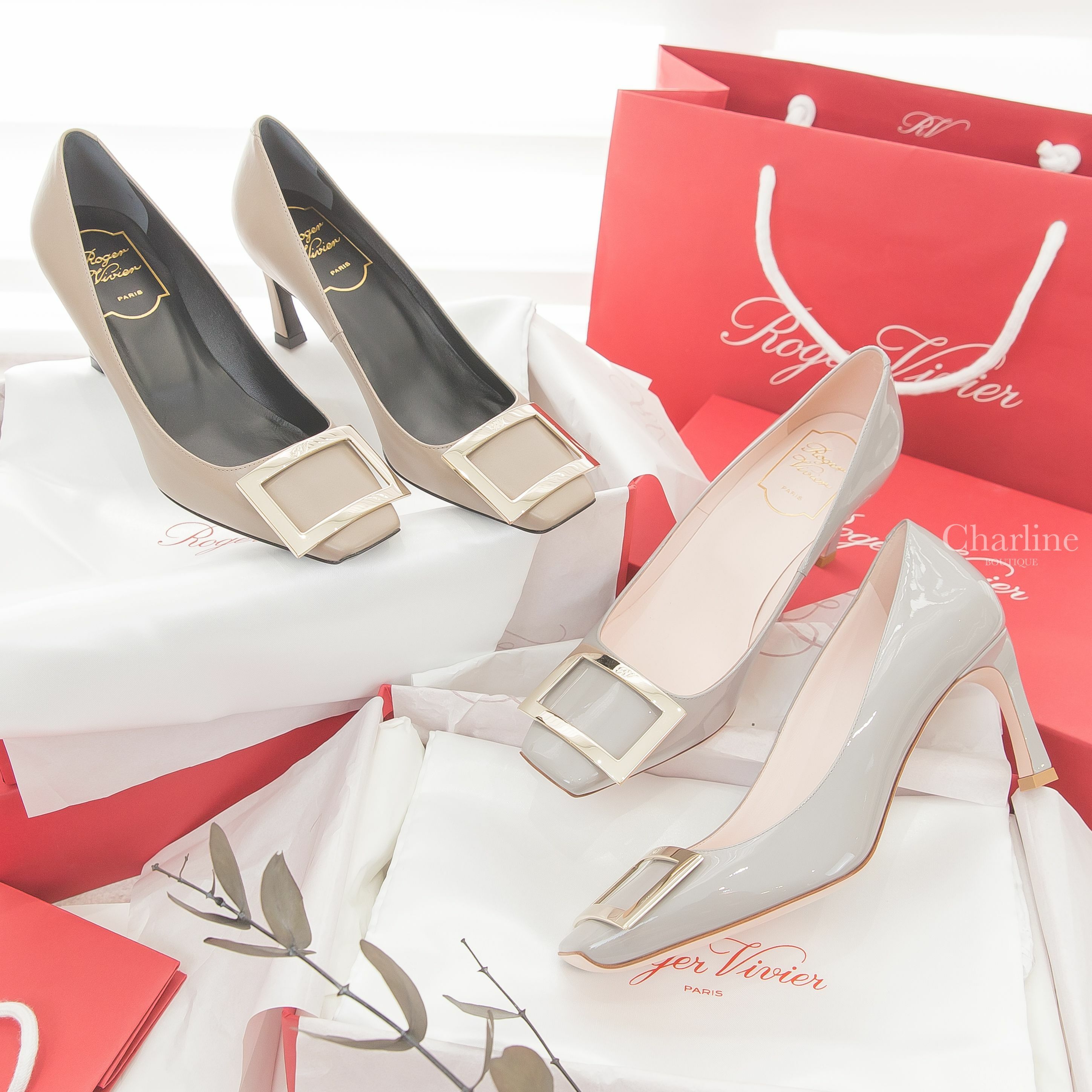 Roger Vivier Trompette Metal Buckle Pumps 灰色淡金色方釦鞋,Roger Vivier Trompette Metal Buckle Pumps 米褐色淡金色方釦鞋-Charline Boutique 精品代購