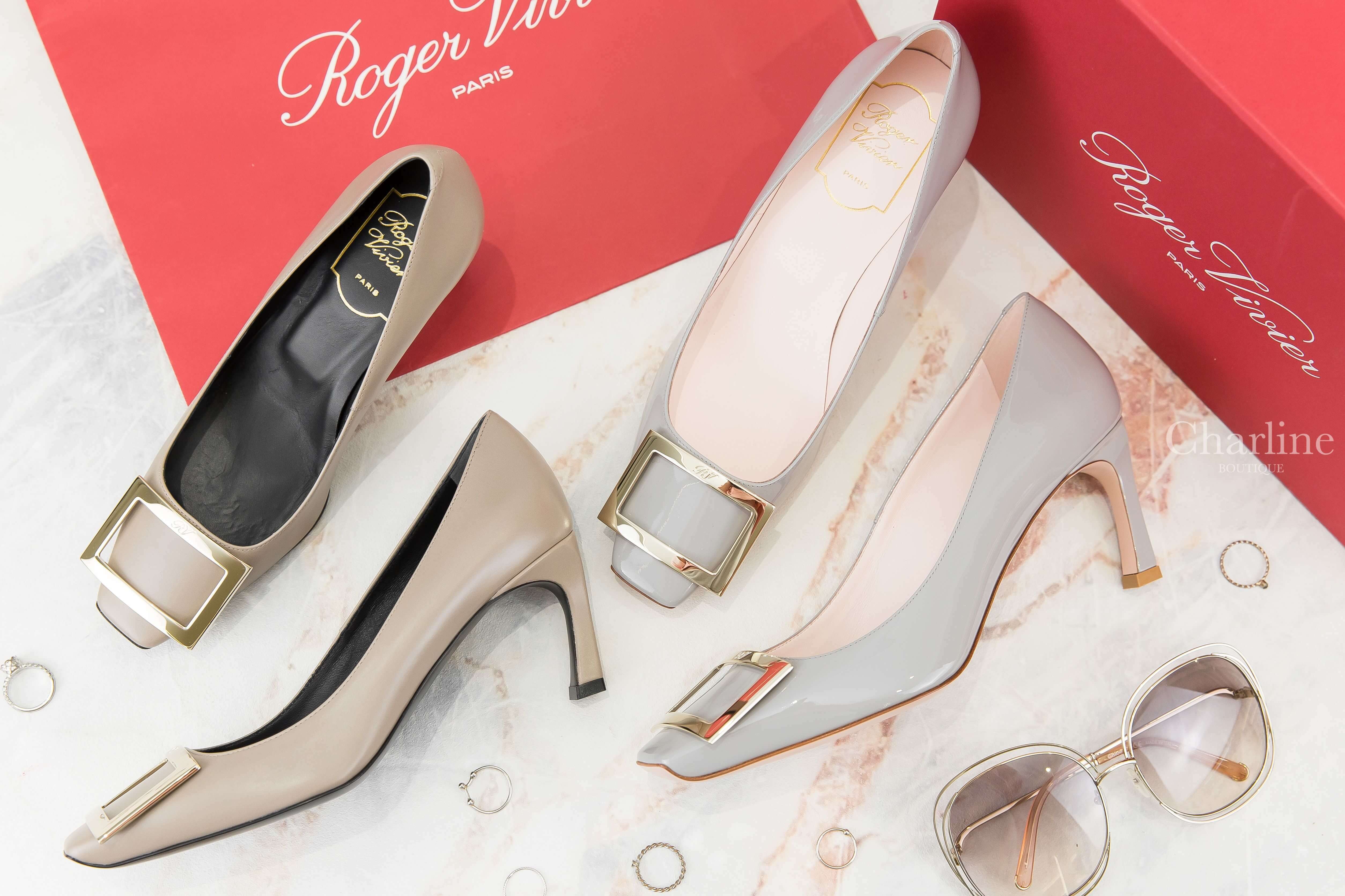 Roger Vivier Trompette Metal Buckle Pumps 灰色淡金色方釦鞋,Roger Vivier Trompette Metal Buckle Pumps 米褐色淡金色方釦鞋-Charline Boutique 精品代購