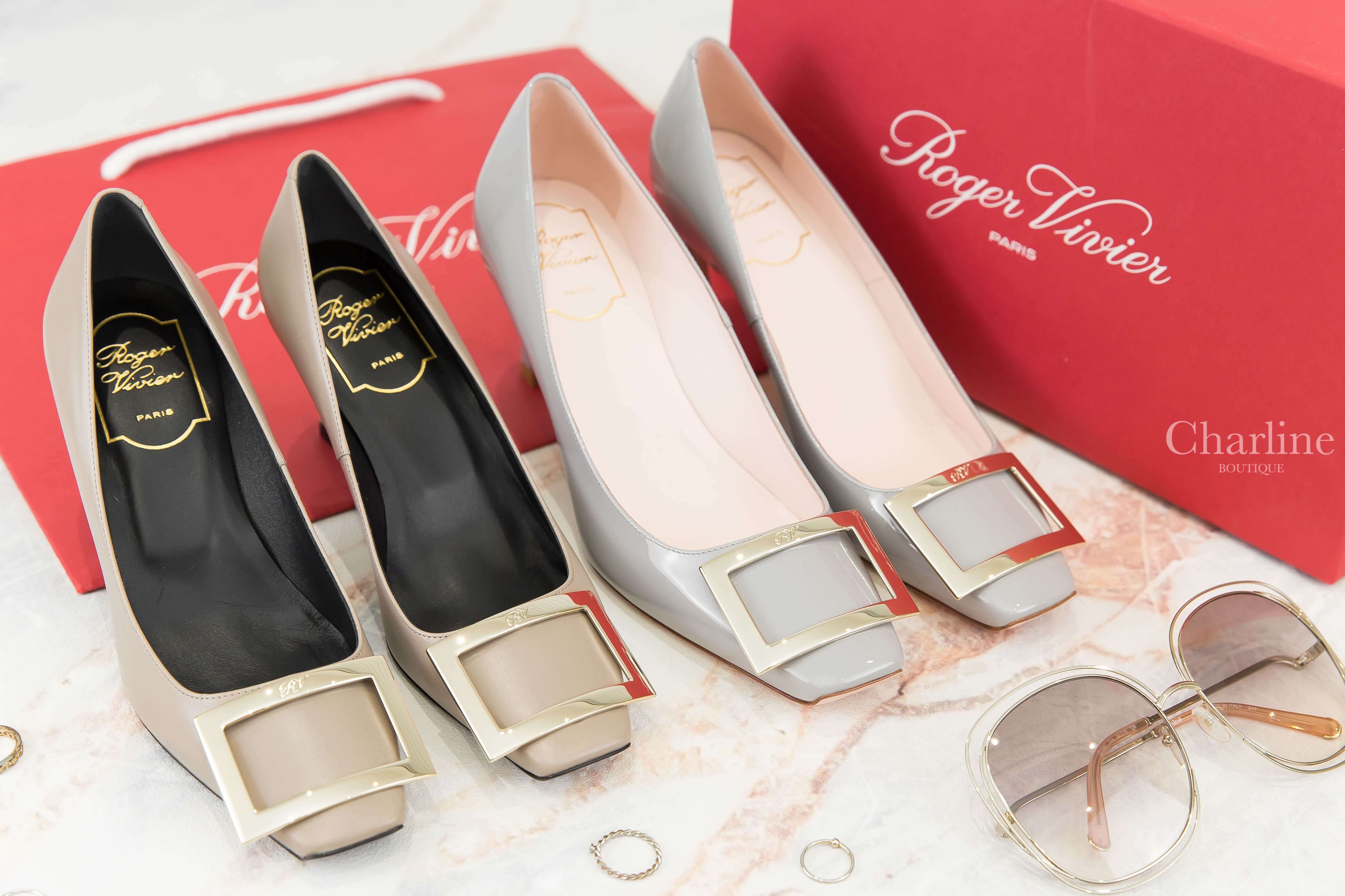 Roger Vivier Trompette Metal Buckle Pumps 灰色淡金色方釦鞋,Roger Vivier Trompette Metal Buckle Pumps 米褐色淡金色方釦鞋-Charline Boutique 精品代購
