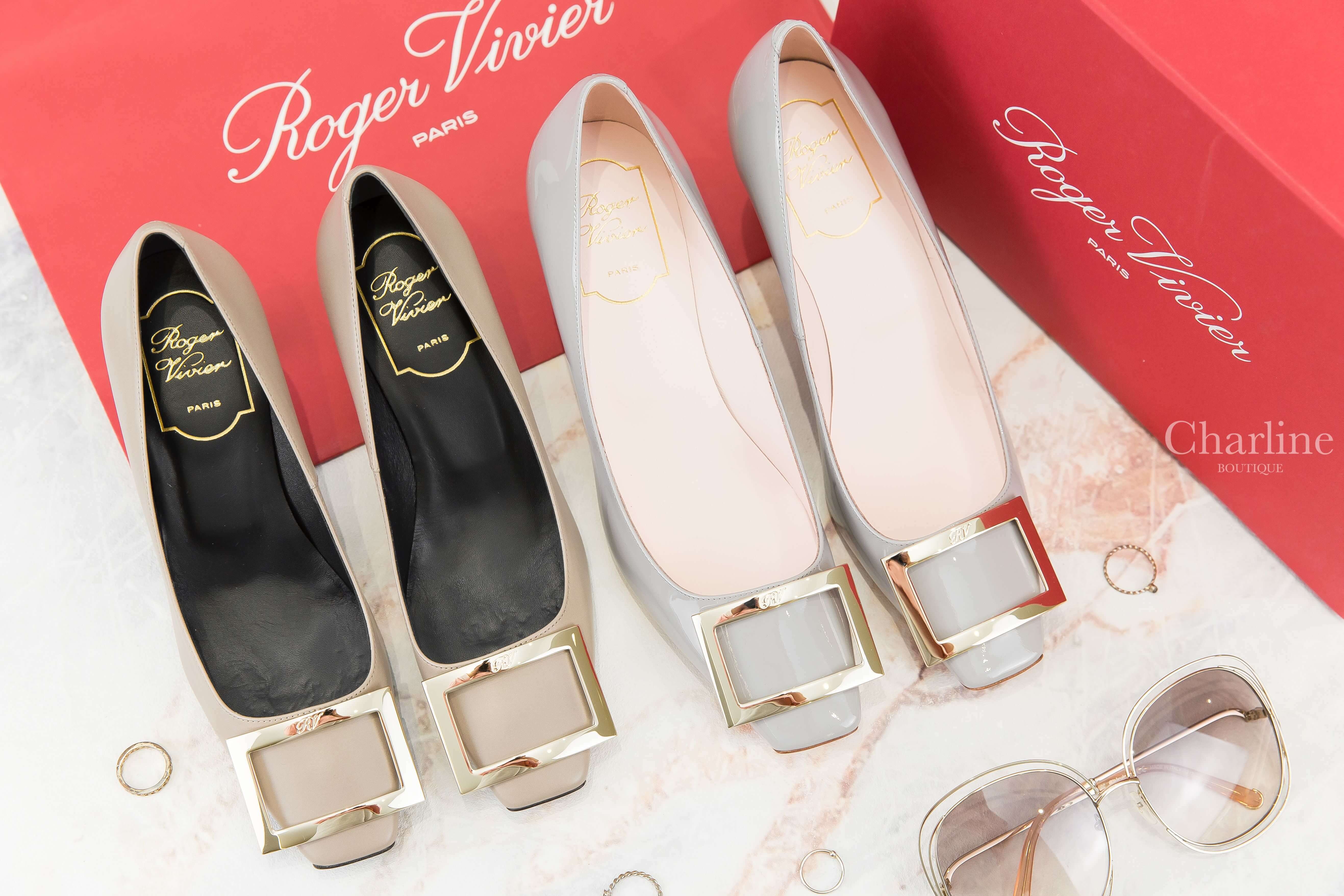 Roger Vivier Trompette Metal Buckle Pumps 灰色淡金色方釦鞋,Roger Vivier Trompette Metal Buckle Pumps 米褐色淡金色方釦鞋-Charline Boutique 精品代購