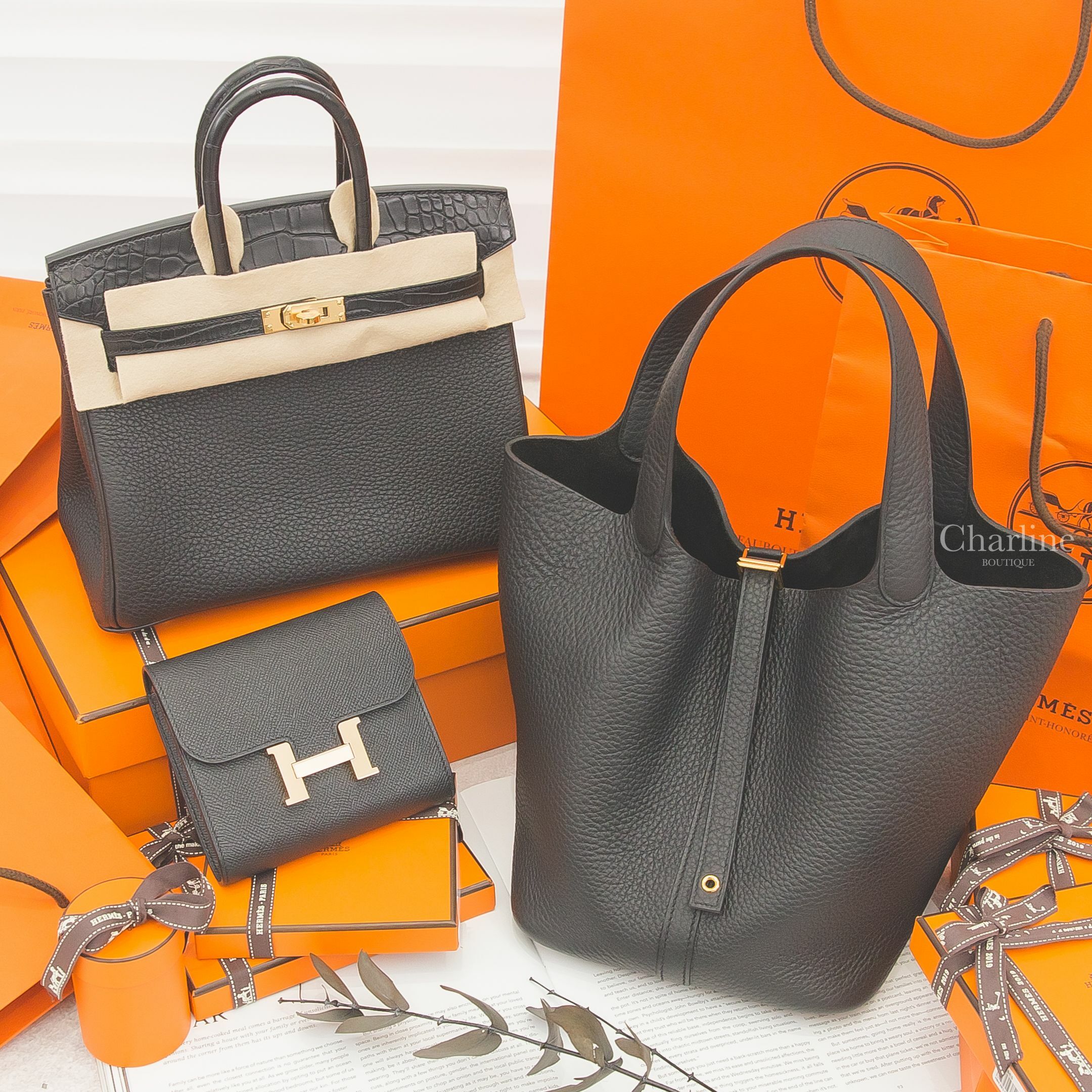 Hermès Birkin 25cm Touch 黑色霧面方塊鱷魚拼皮革鉑金包,Hermès Picotin 22cm 黑色金釦,Hermès Constance Compact 黑色金釦短夾-Charline Boutique 精品代購