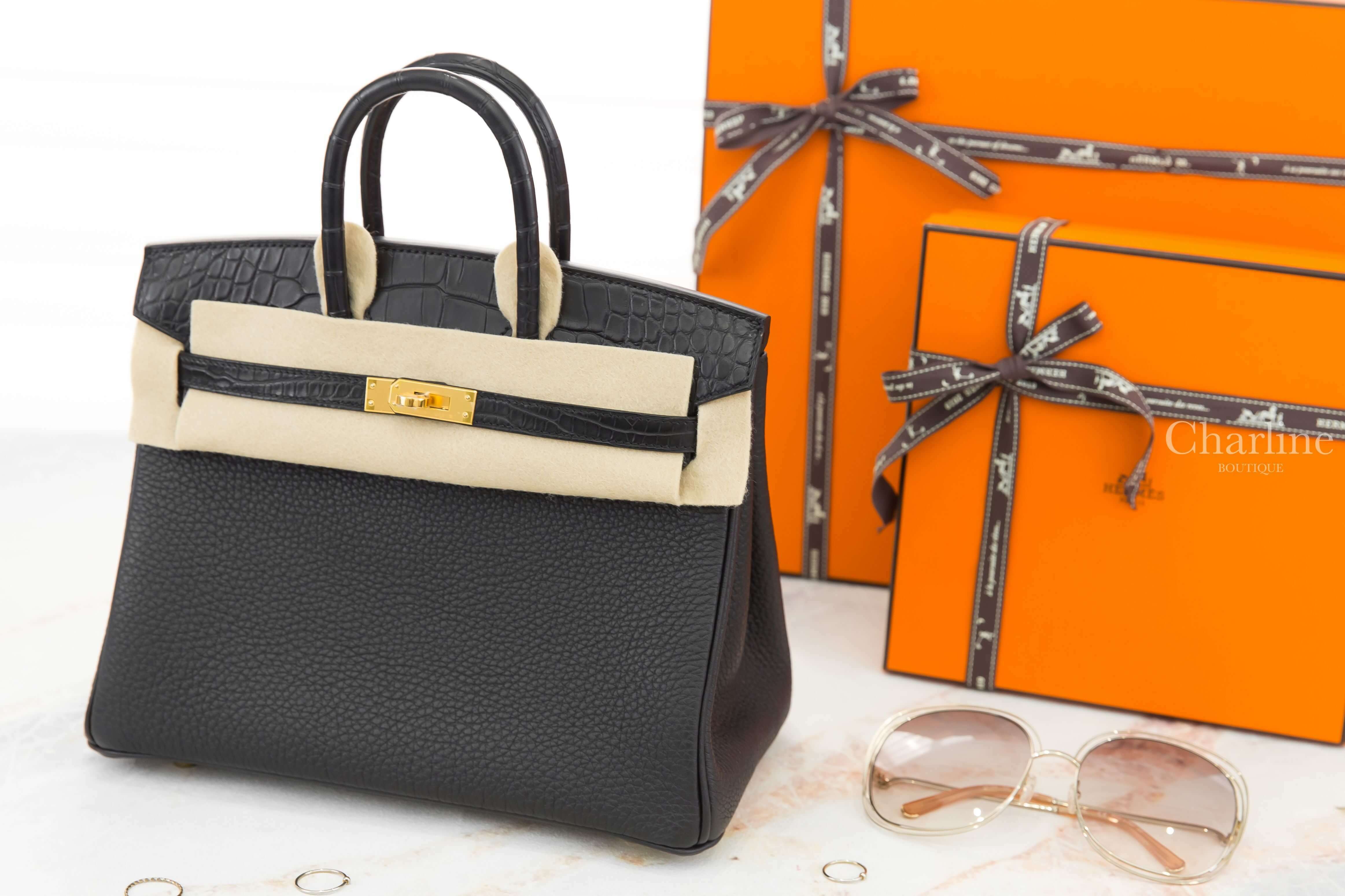 Hermès Birkin 25cm Touch Veau Togo / Alligator Mississippiensis Matte 89 Noir Z刻黑色霧面方塊鱷魚拼皮革鉑金包-Charline Boutique 精品代購