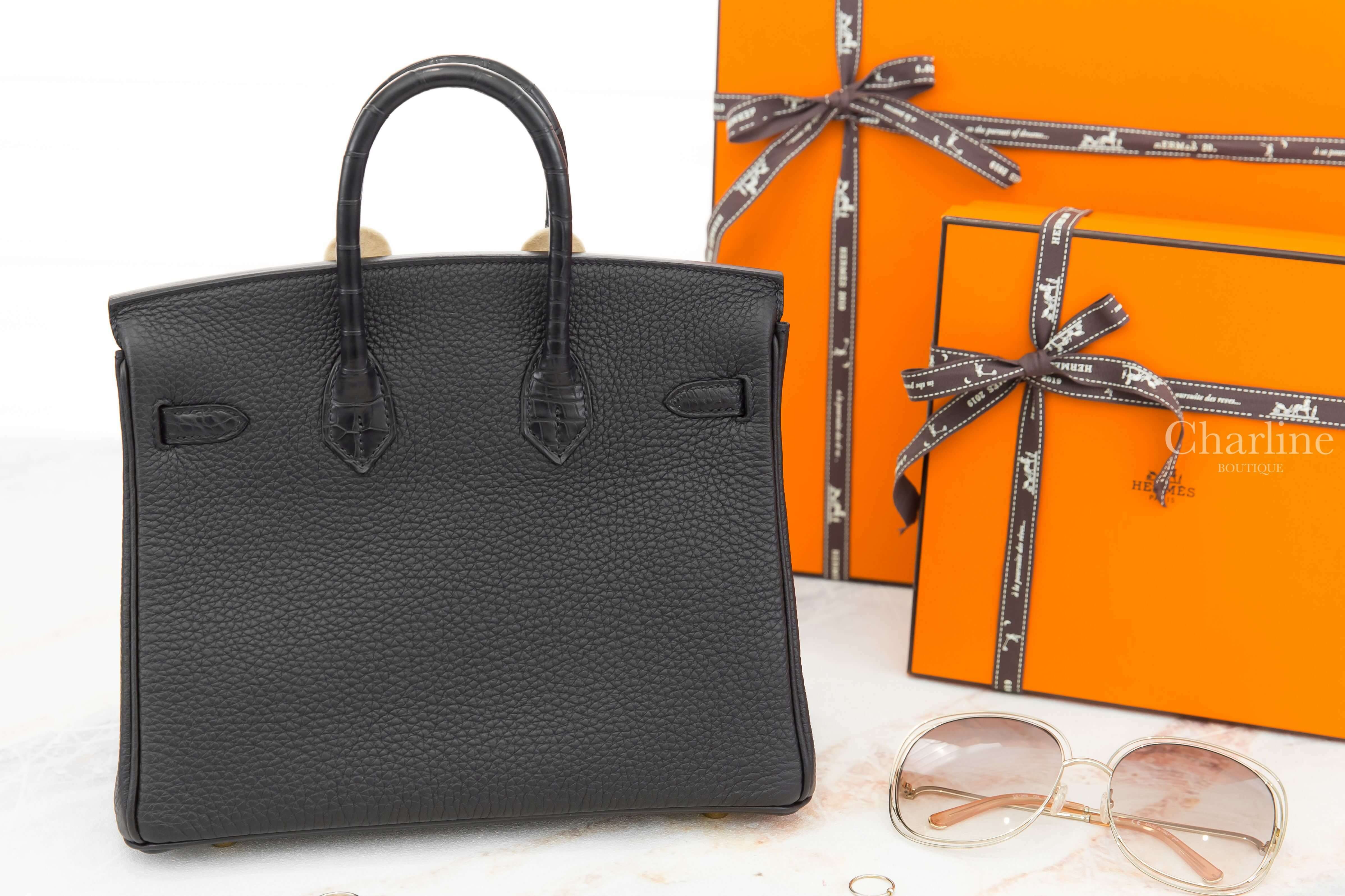 Hermès Birkin 25cm Touch Veau Togo / Alligator Mississippiensis Matte 89 Noir Z刻黑色霧面方塊鱷魚拼皮革鉑金包-Charline Boutique 精品代購