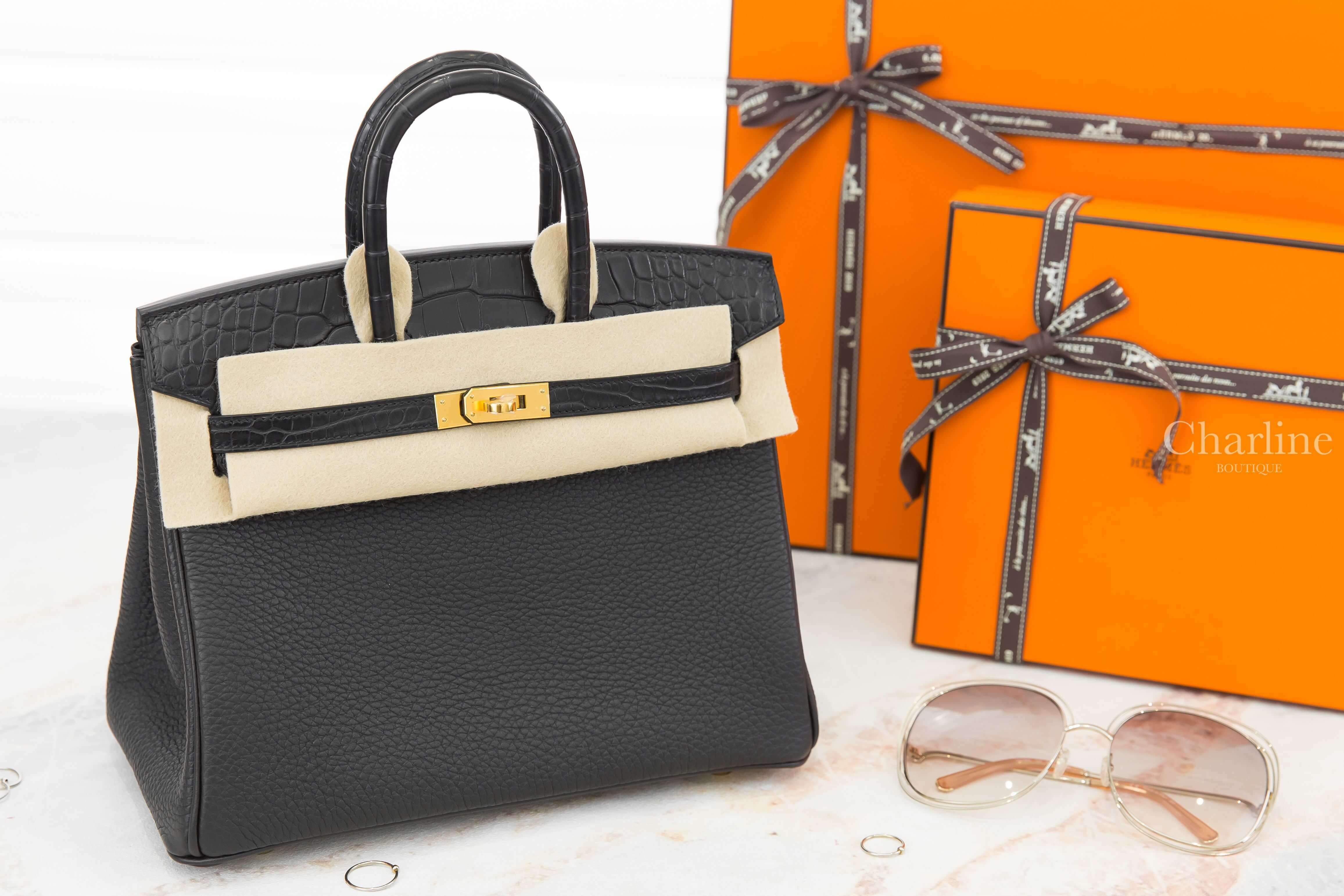 Hermès Birkin 25cm Touch Veau Togo / Alligator Mississippiensis Matte 89 Noir Z刻黑色霧面方塊鱷魚拼皮革鉑金包-Charline Boutique 精品代購