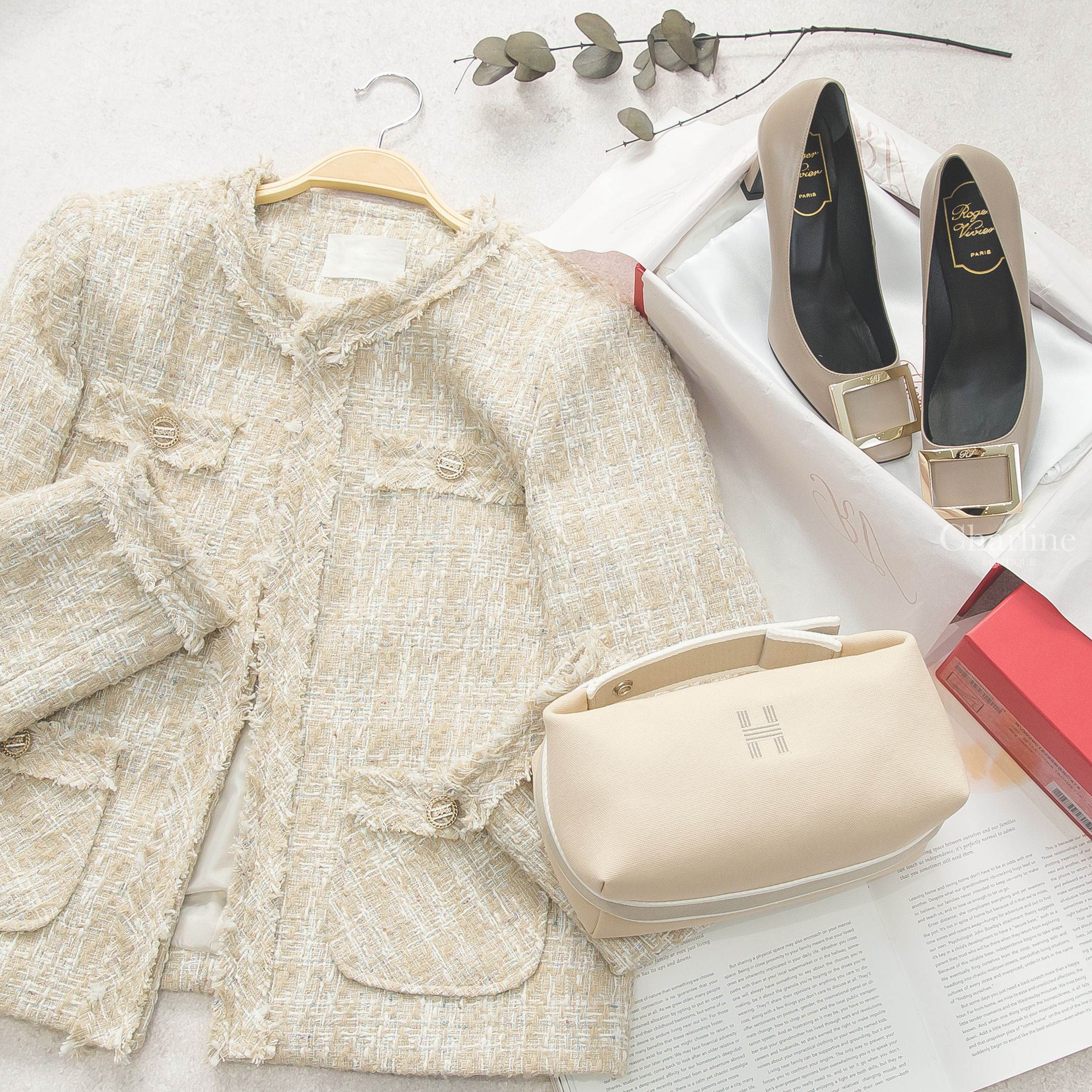 Roger Vivier Trompette Metal Buckle Pumps 米褐色皮革淡金色方釦高跟鞋,Hermès Bride A Brac Case 米白色棉質小型手提包-Charline Boutique 精品代購