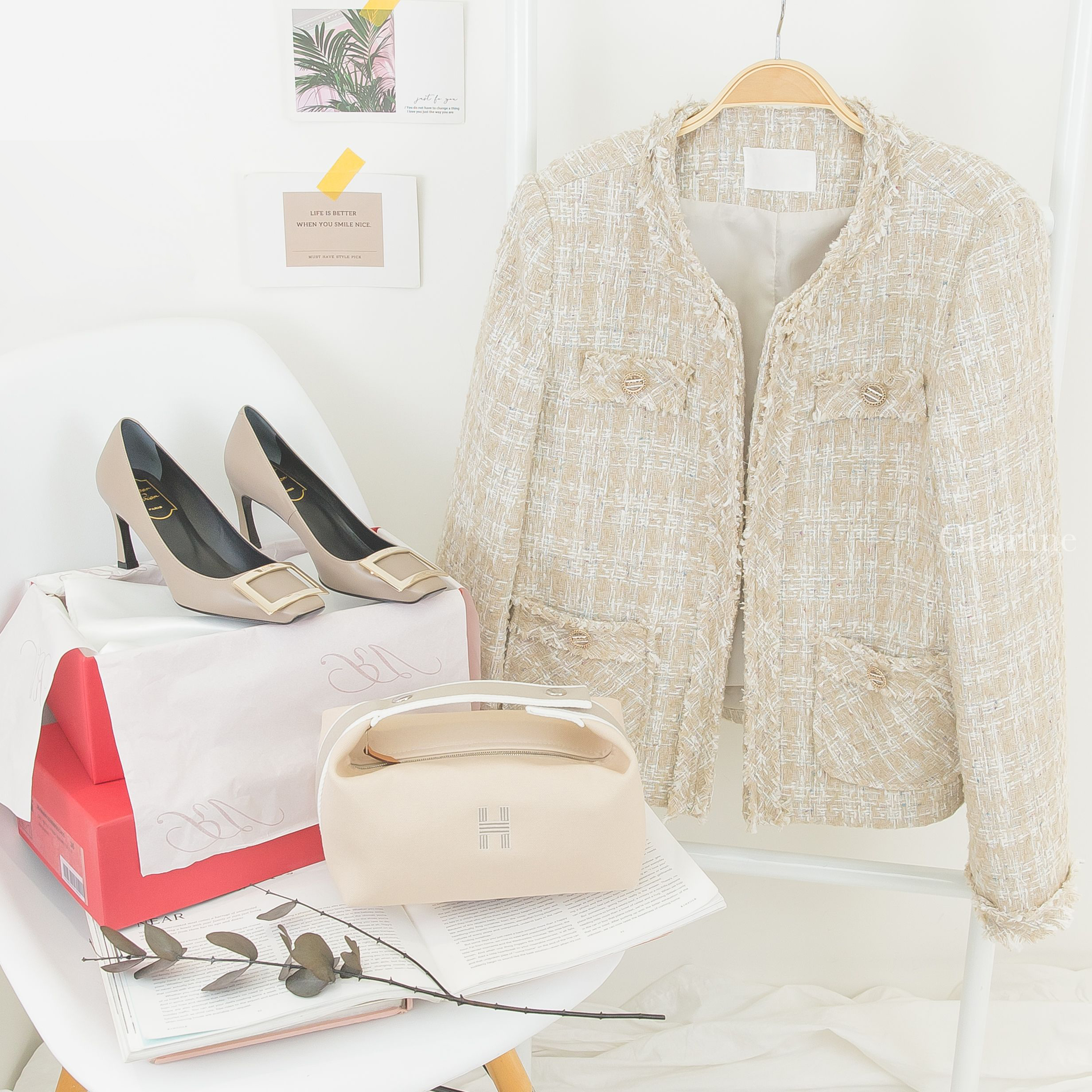 Roger Vivier Trompette Metal Buckle Pumps 米褐色皮革淡金色方釦高跟鞋,Hermès Bride A Brac Case 米白色棉質小型手提包-Charline Boutique 精品代購