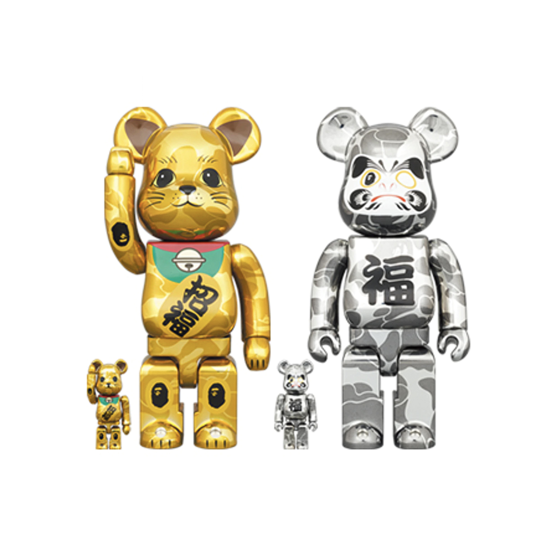 BE@RBRICK X BAPE MANEKI NEKO & DARUMA 謹賀新年 招福 金招財貓｜銀達摩 400% SET