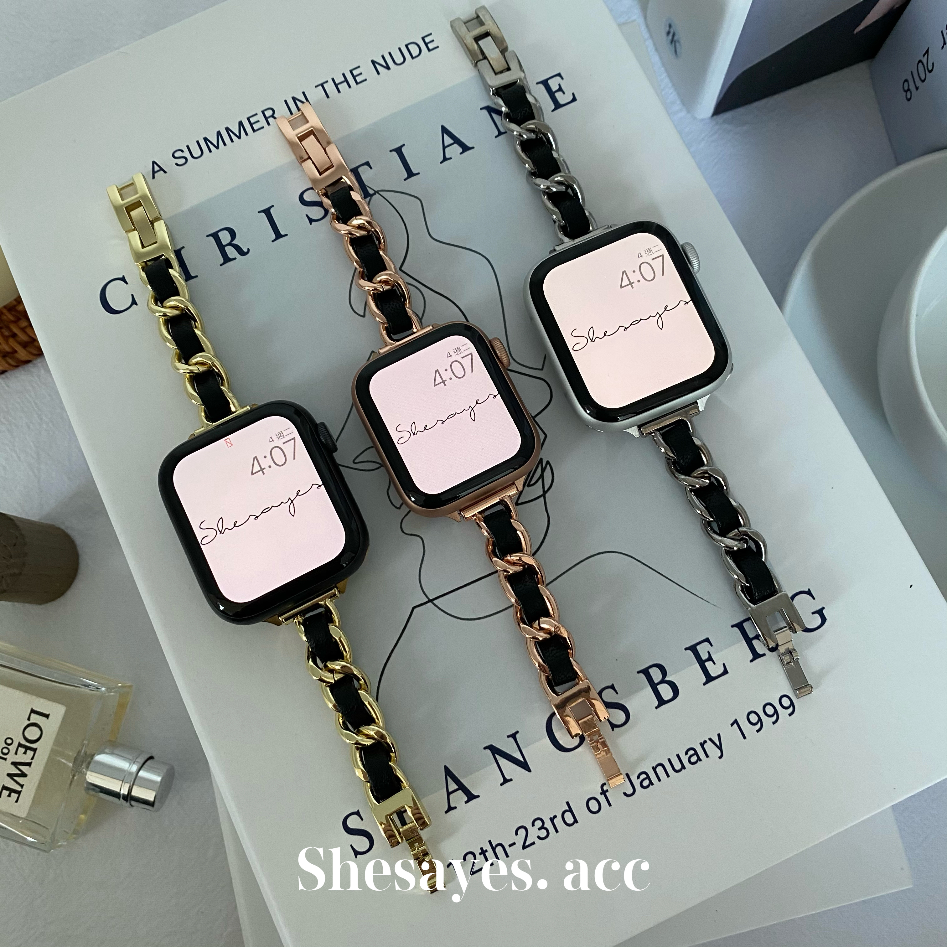 APPLE WATCH單鍊黑皮繩小香風錶帶[金/玫瑰金/銀]