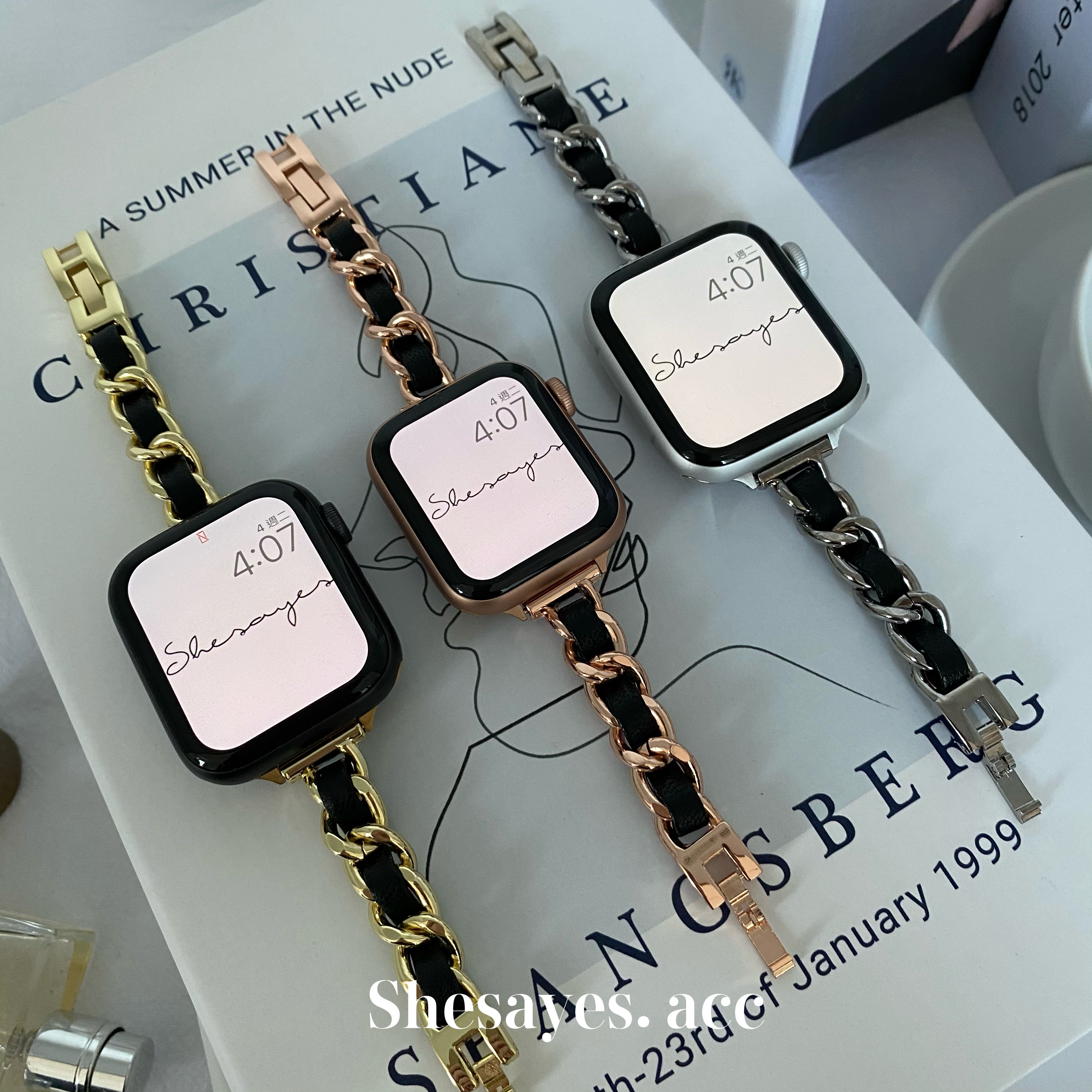 APPLE WATCH單鍊黑皮繩小香風錶帶[金/玫瑰金/銀]