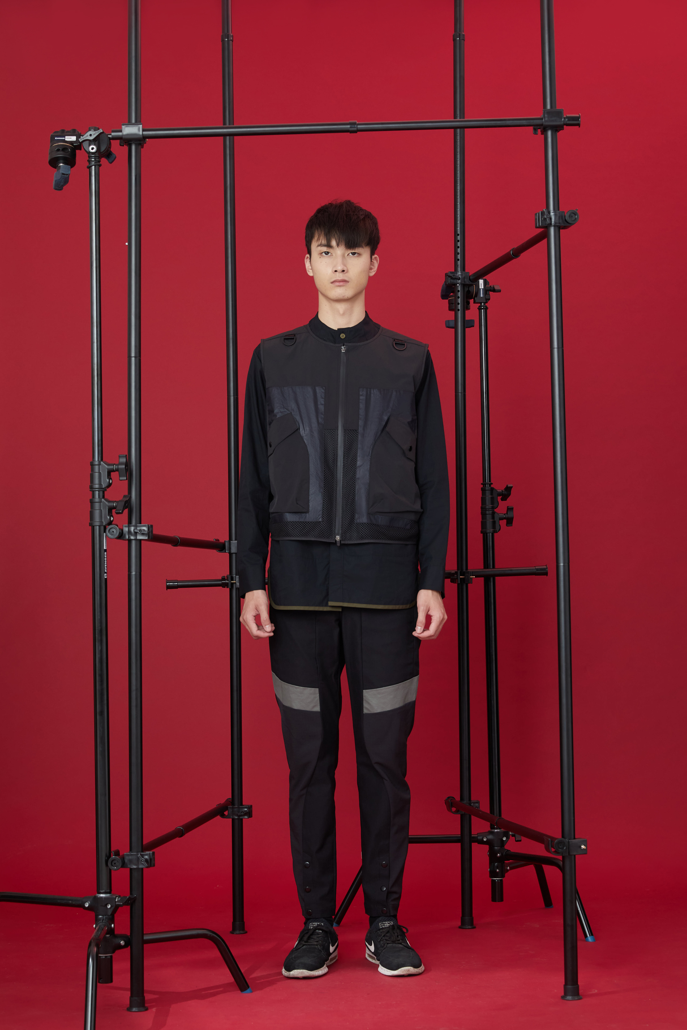 斜條拼接長褲 - 黑