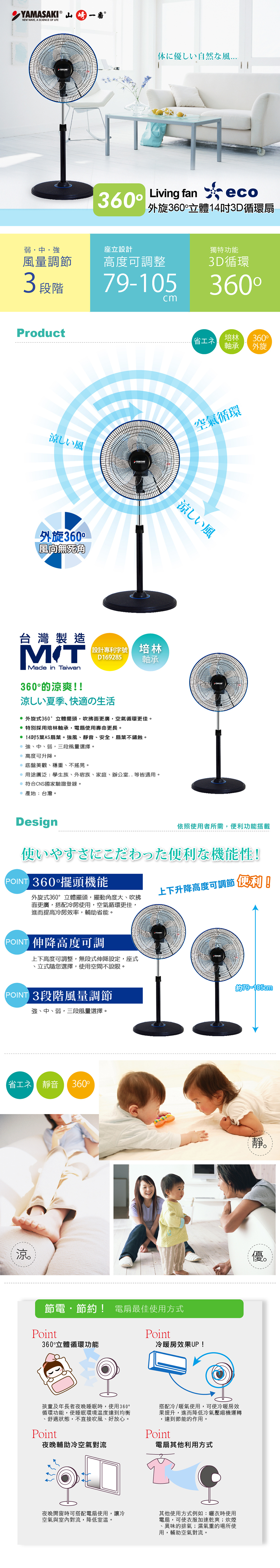 扇風機 山崎14吋外旋360度立體3D循環扇｜SK-1485S