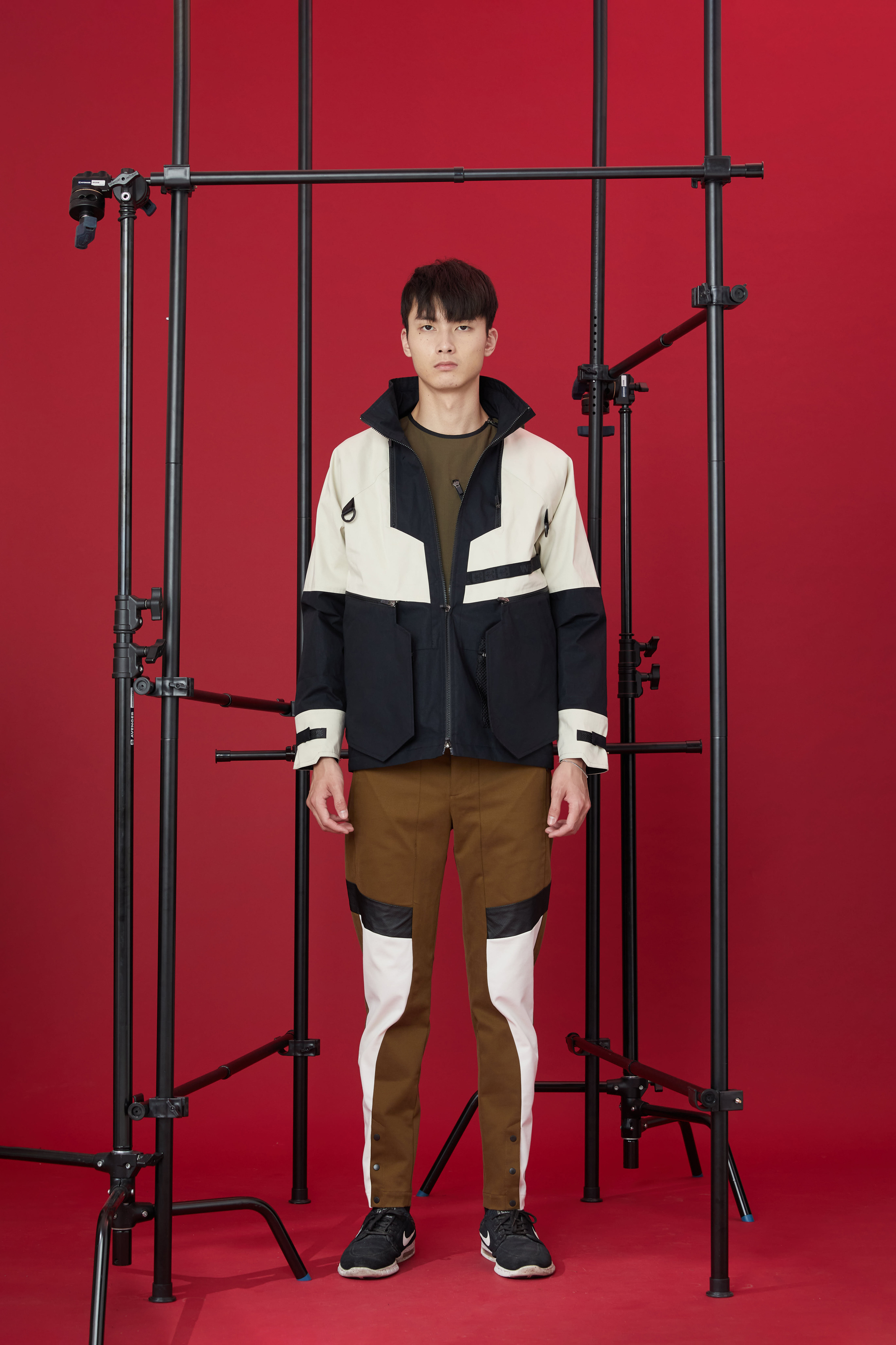 斜條拼接長褲 - 橄欖綠