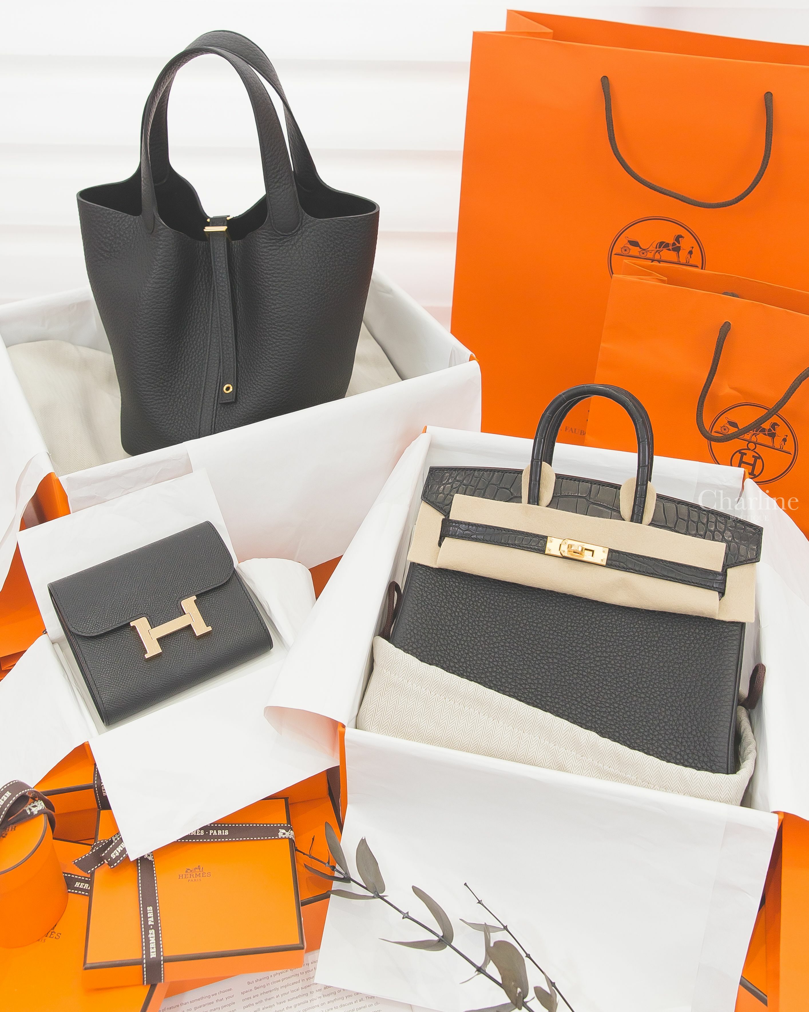Hermès Birkin 25cm Touch 黑色霧面方塊鱷魚拼皮革鉑金包,Hermès Picotin 22cm 黑色金釦,Hermès Constance Compact 黑色金釦短夾-Charline Boutique 精品代購