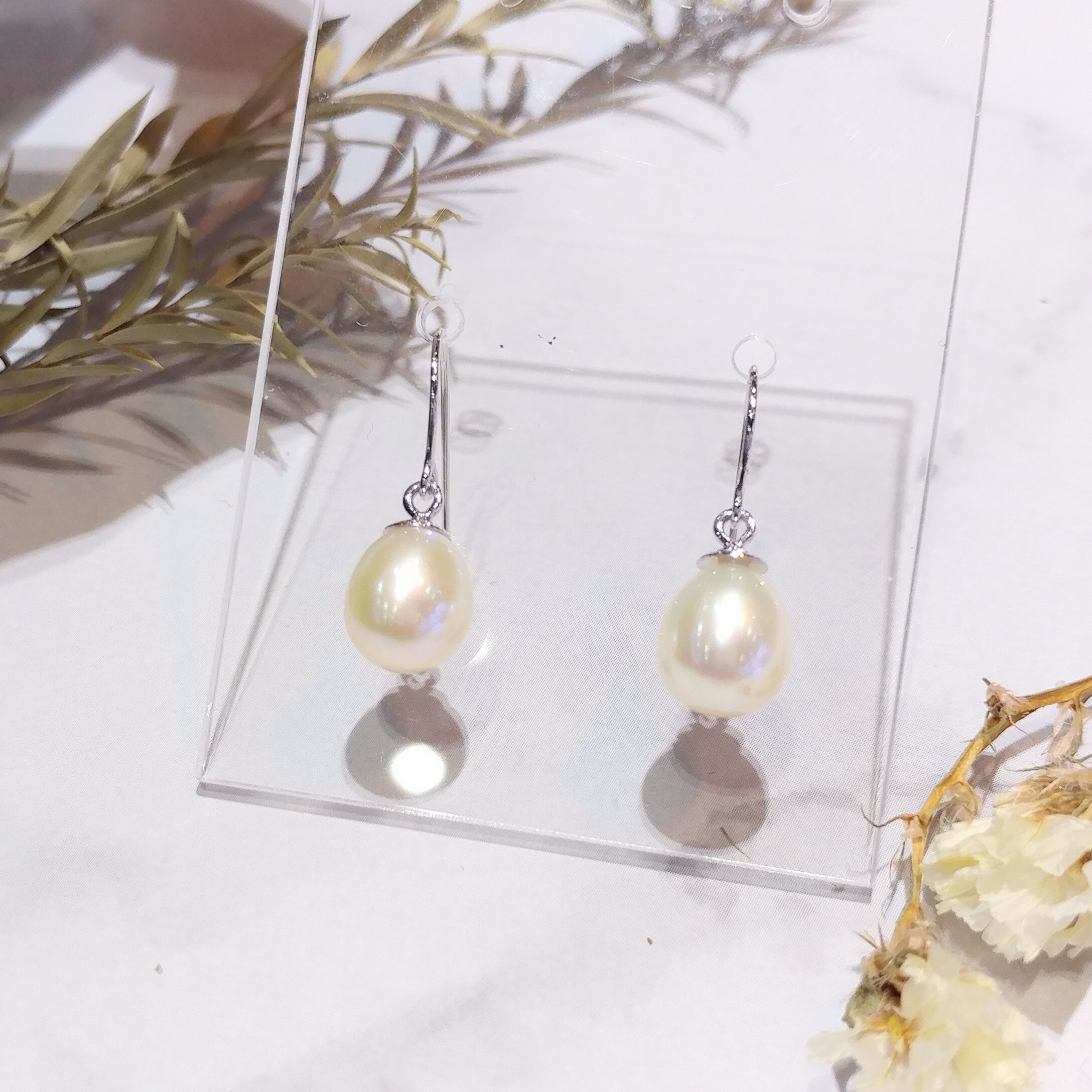 全新18K白金珍珠吊耳環