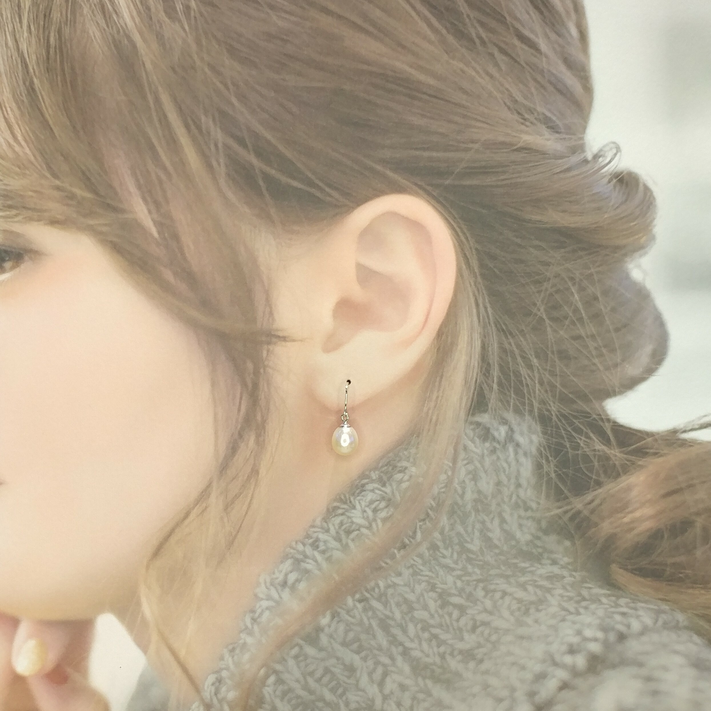 全新18K白金珍珠吊耳環