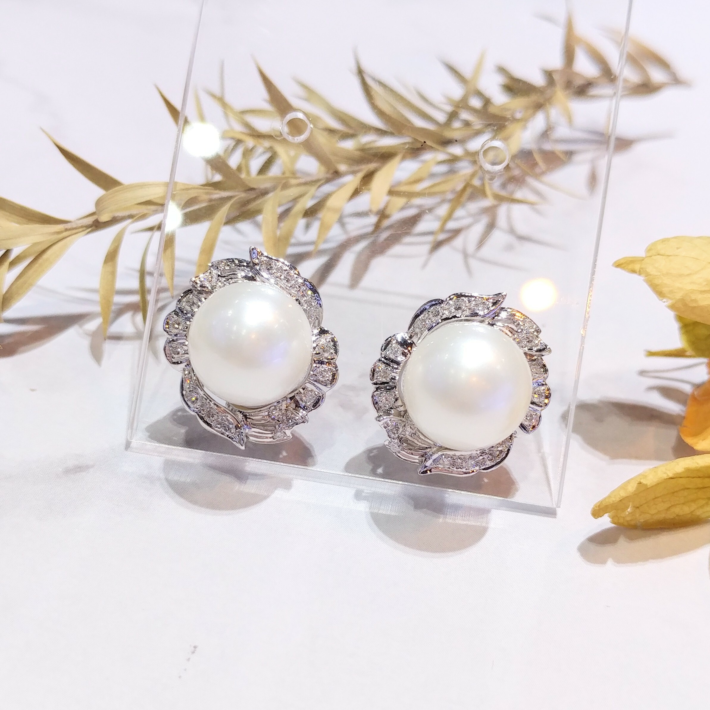 18K White Gold Pearl and Diamond Earrings