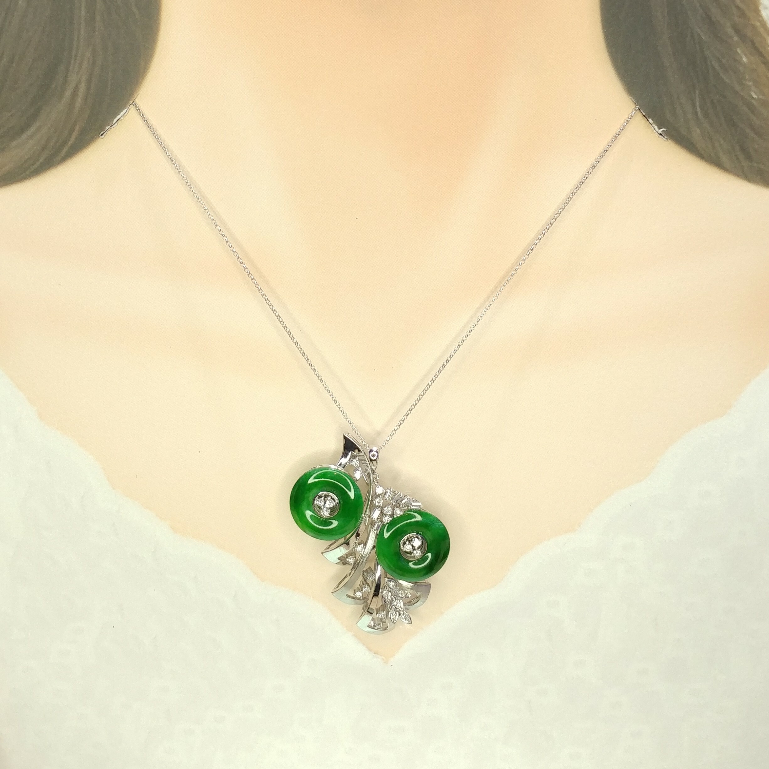 White Gold 0.62ct Diamond and Jade Pendant and Brooch