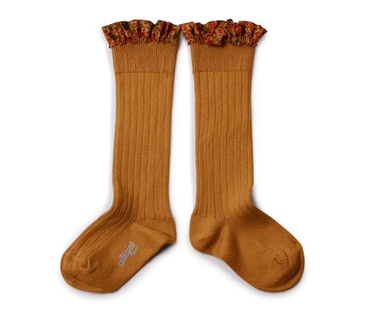 COLLÉGIEN - Elisabeth Liberty Ruffle Ribbed Knee-high Socks（Moutarde de Dijon）