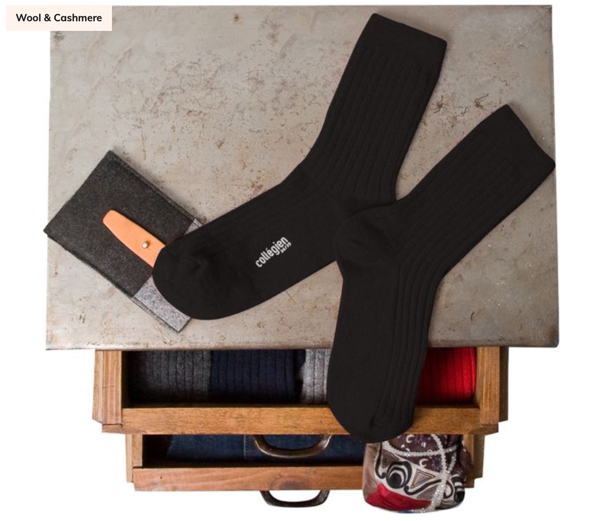 COLLÉGIEN - Chamois Wool & Cashmere Ribbed Crew Socks（Smoky）
