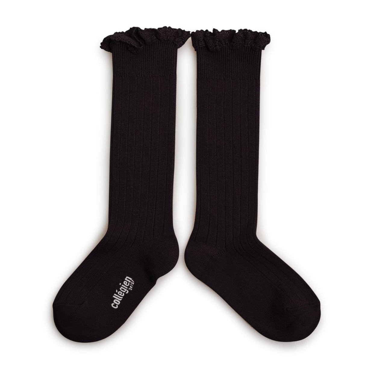 COLLÉGIEN - Josephine Lace Trim Ribbed Knee-high Socks（Noir de Charbon）