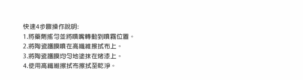 快速4步驟操作說明:1.將藥劑搖勻並將噴嘴轉動到噴霧位置2.將陶瓷護膜噴在高纖維擦拭布上。3.將陶瓷護膜均勻地塗抹在烤漆上。4.使用高纖維擦拭布擦拭至乾淨。