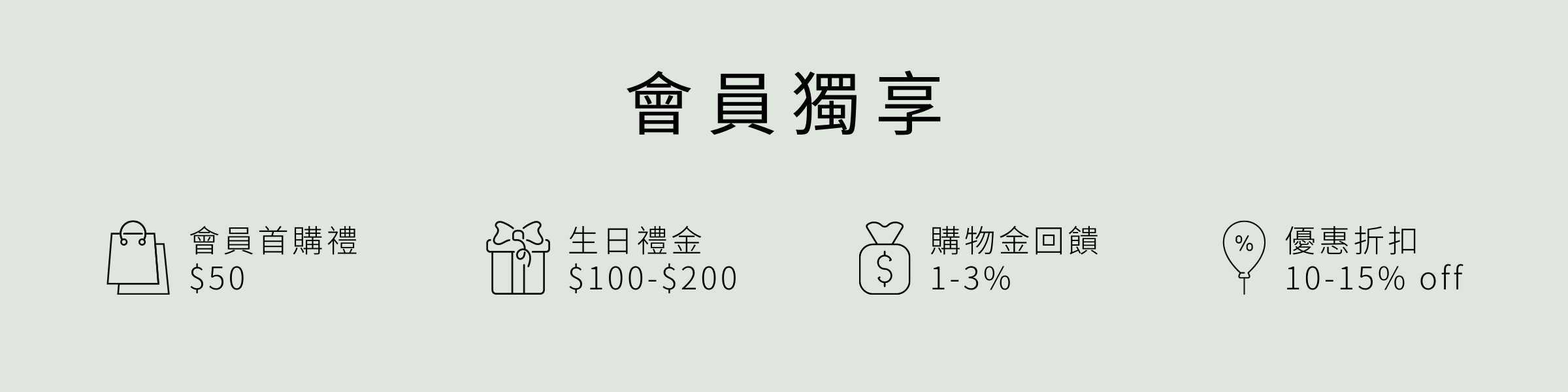 會員獨享：新會員禮金$50、專屬生日禮金、專屬購物金回饋、專屬優惠折扣