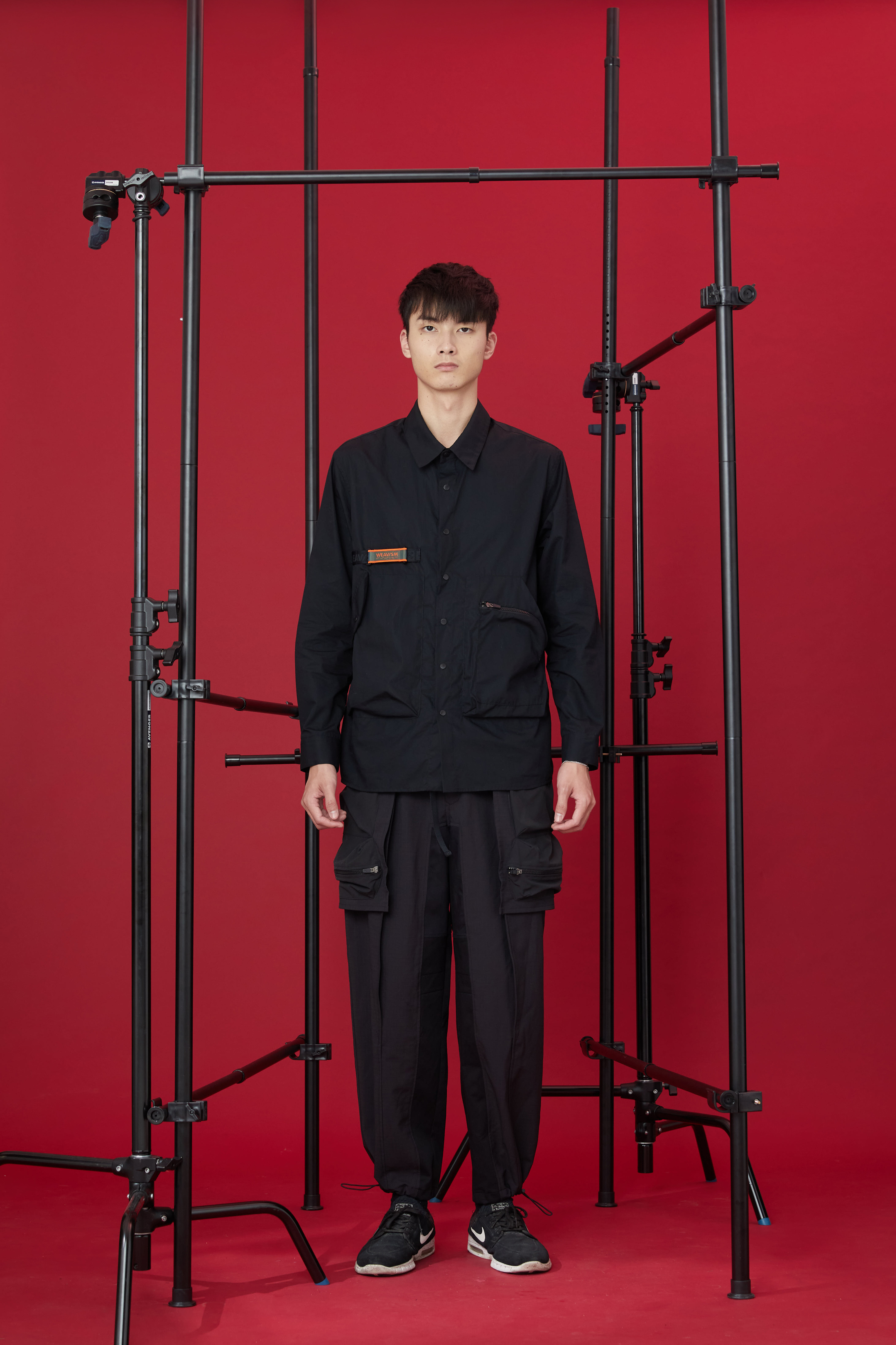 斜拼接寬版長褲 - 黑