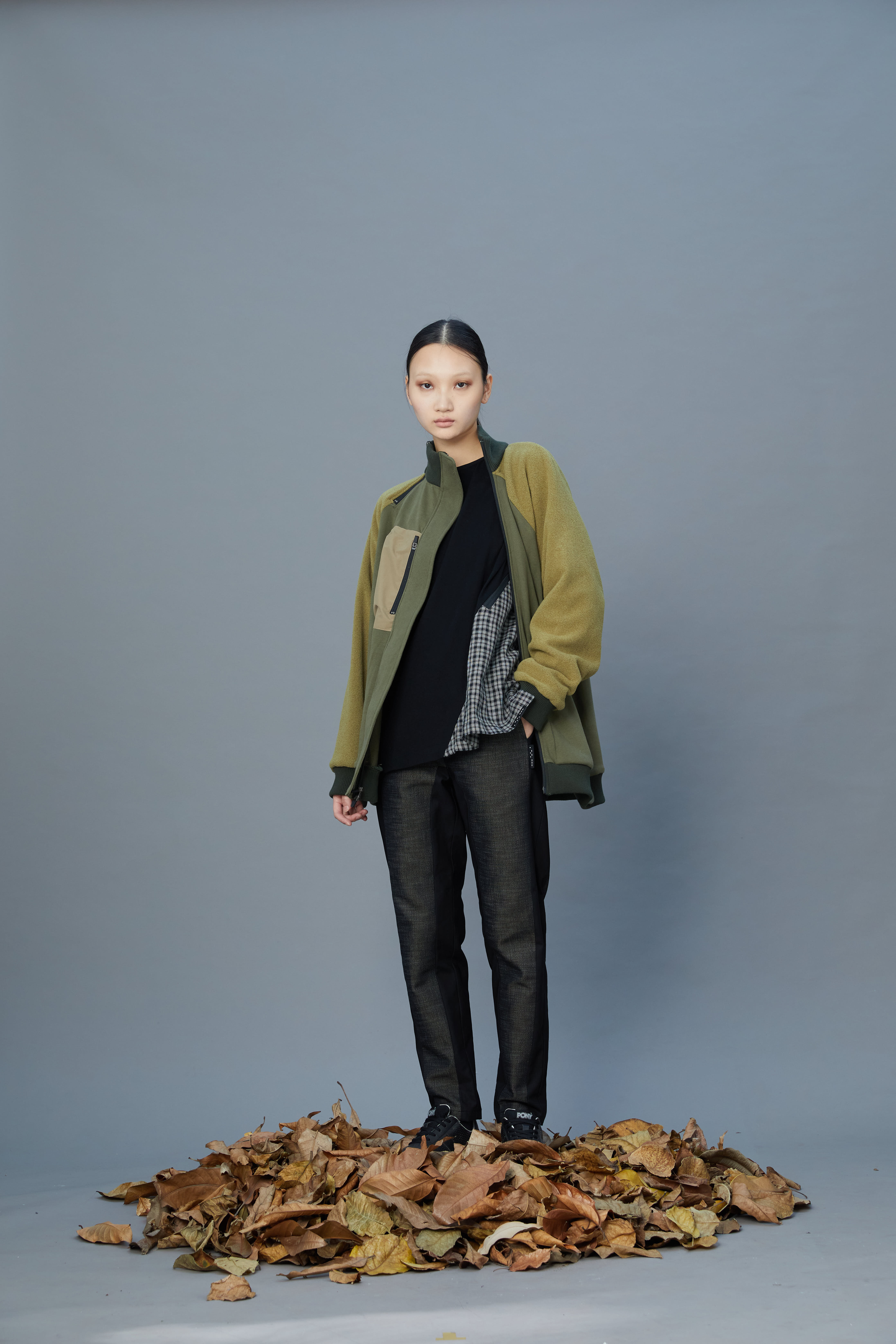 撞色彈性長褲 - 鐵綠