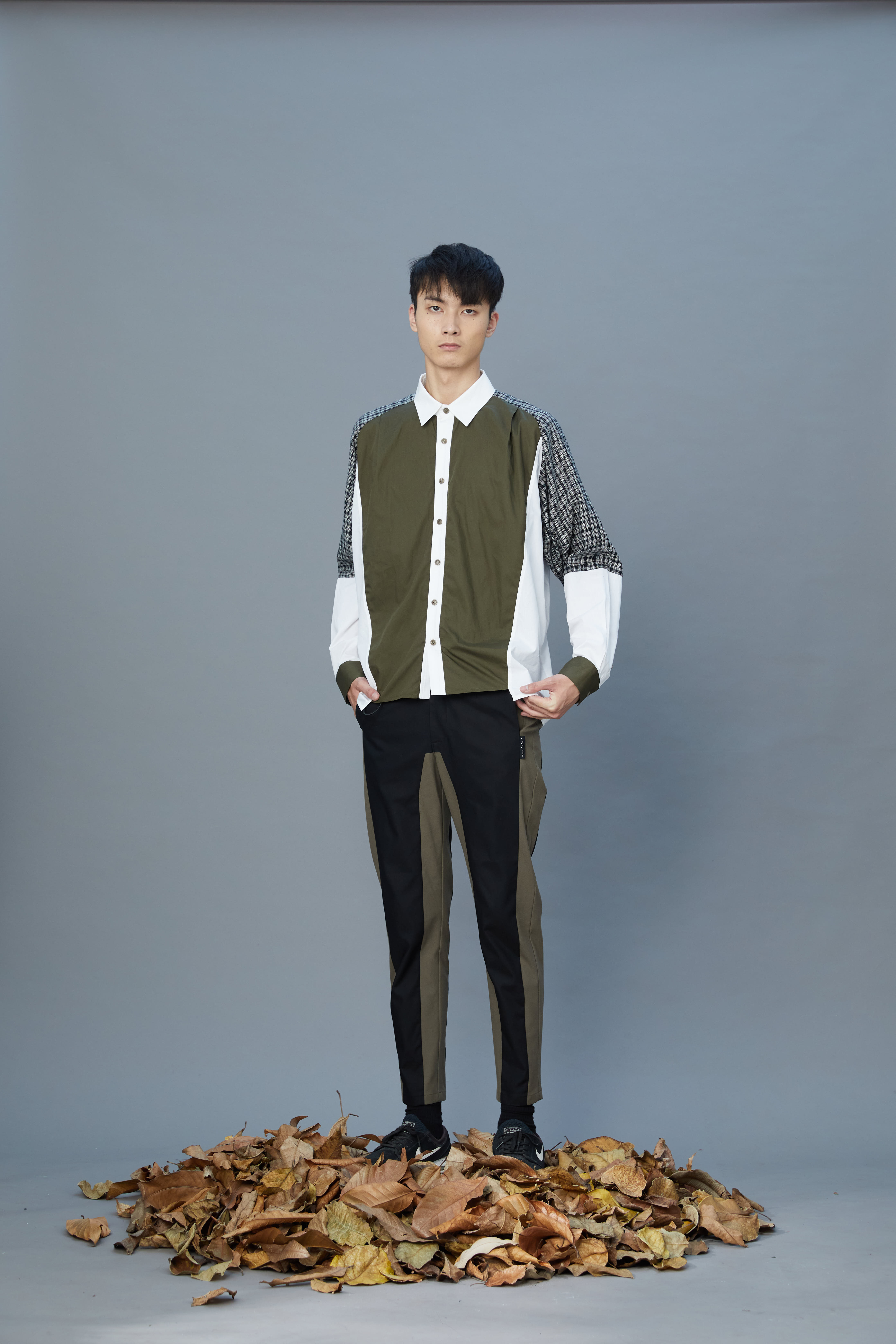 撞色彈性長褲 - 黑