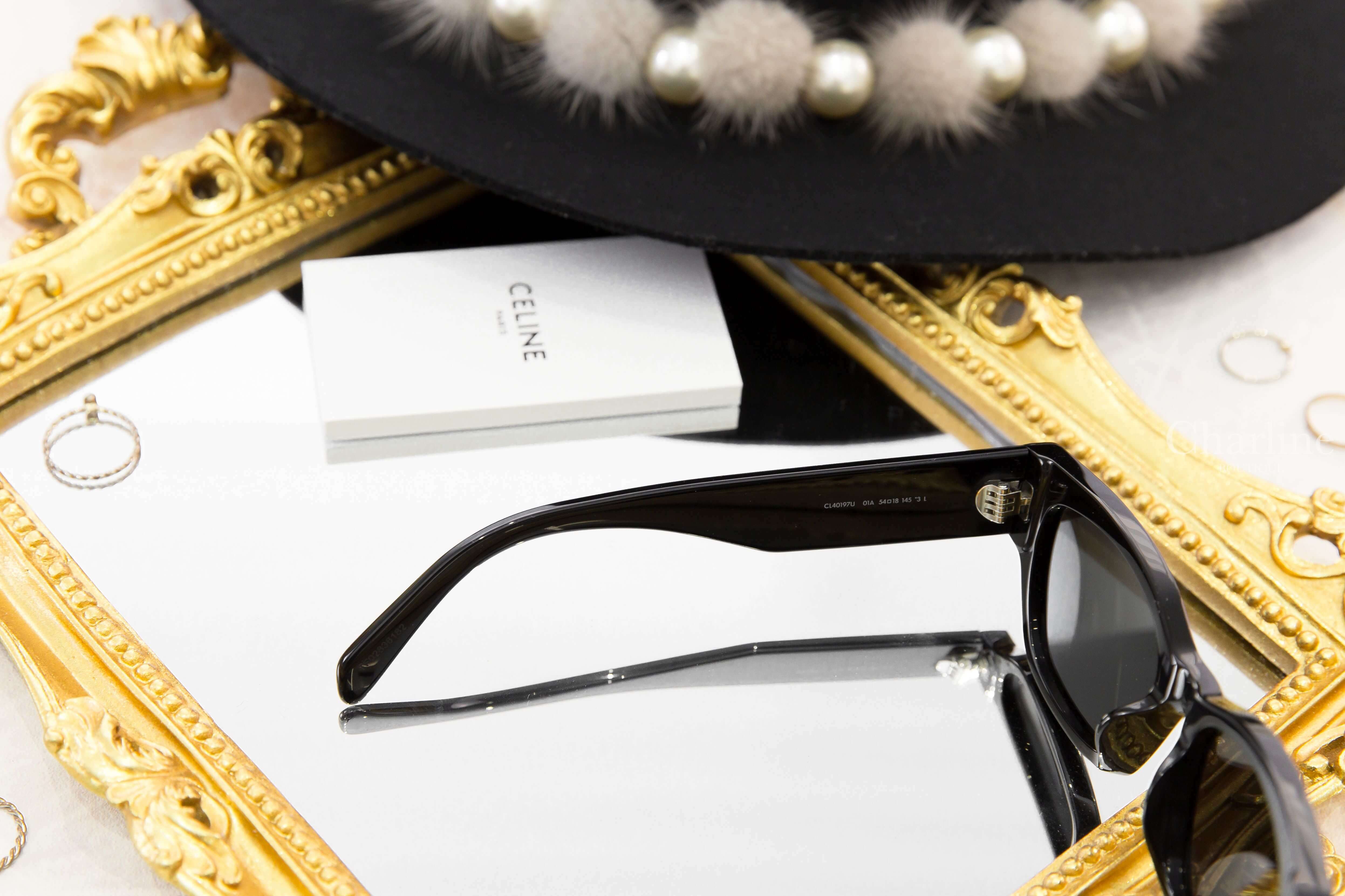 Celine Celine Monochroms 01 Sunglasses In Acetate 黑色白字貓眼形狀太陽眼鏡附白色黑色字母肩背包兩件組-Charline Boutique 精品代購