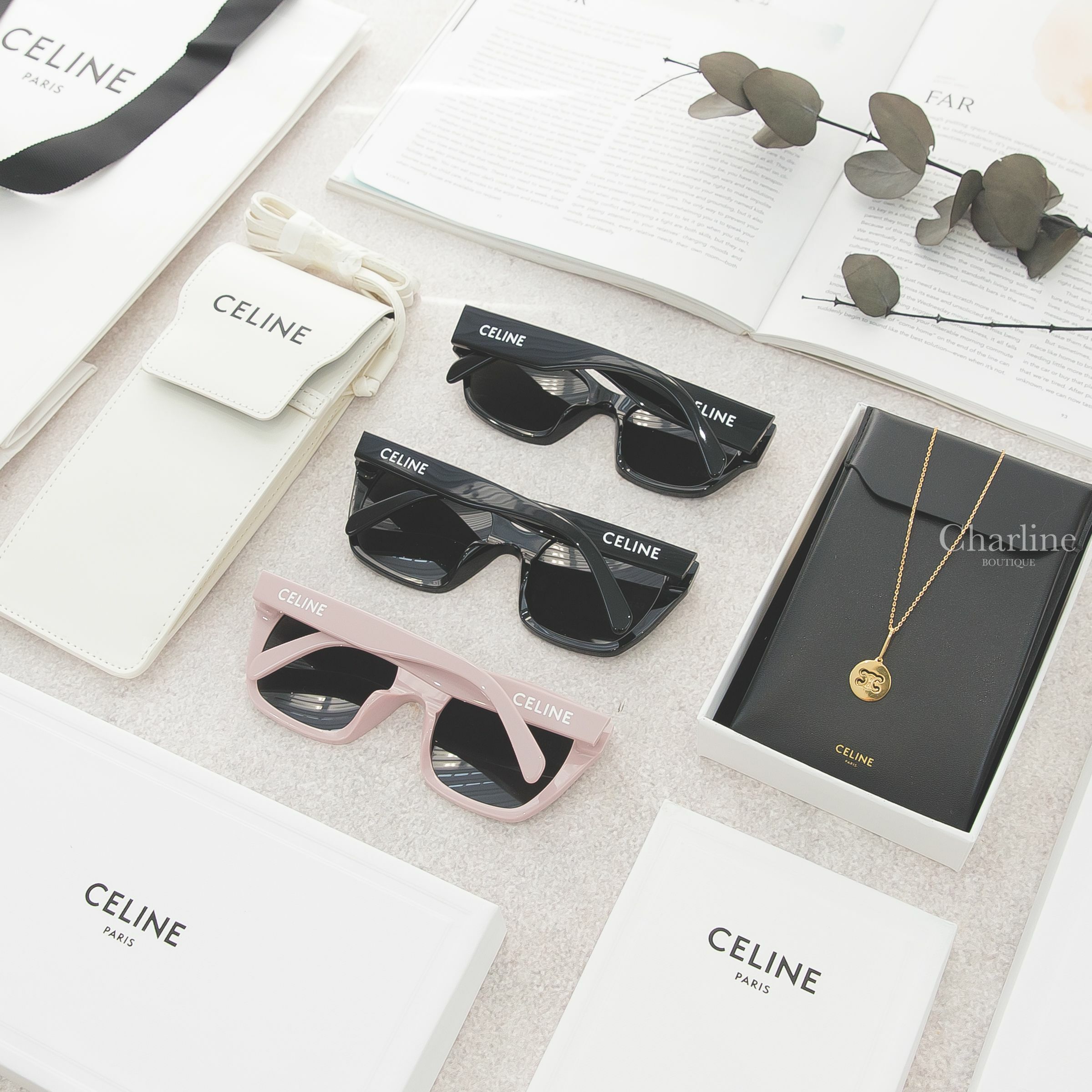 Celine 黑色白字貓眼形狀太陽眼鏡附白色黑色字母肩背包兩件組,黑色白字方框太陽眼鏡附白色黑色字母肩背包兩件組,柔粉色白字方框太陽眼鏡附白色黑色字母肩背包兩件組,金色圓形凱旋門Logo垂墜項鍊-Charline Boutique 精品代購