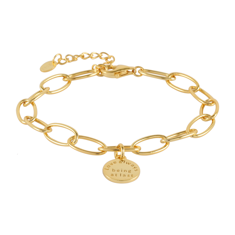 純銀手鍊，女士手鍊 圓牌綴飾；love always being at last 愛總是在最後（2362金色）