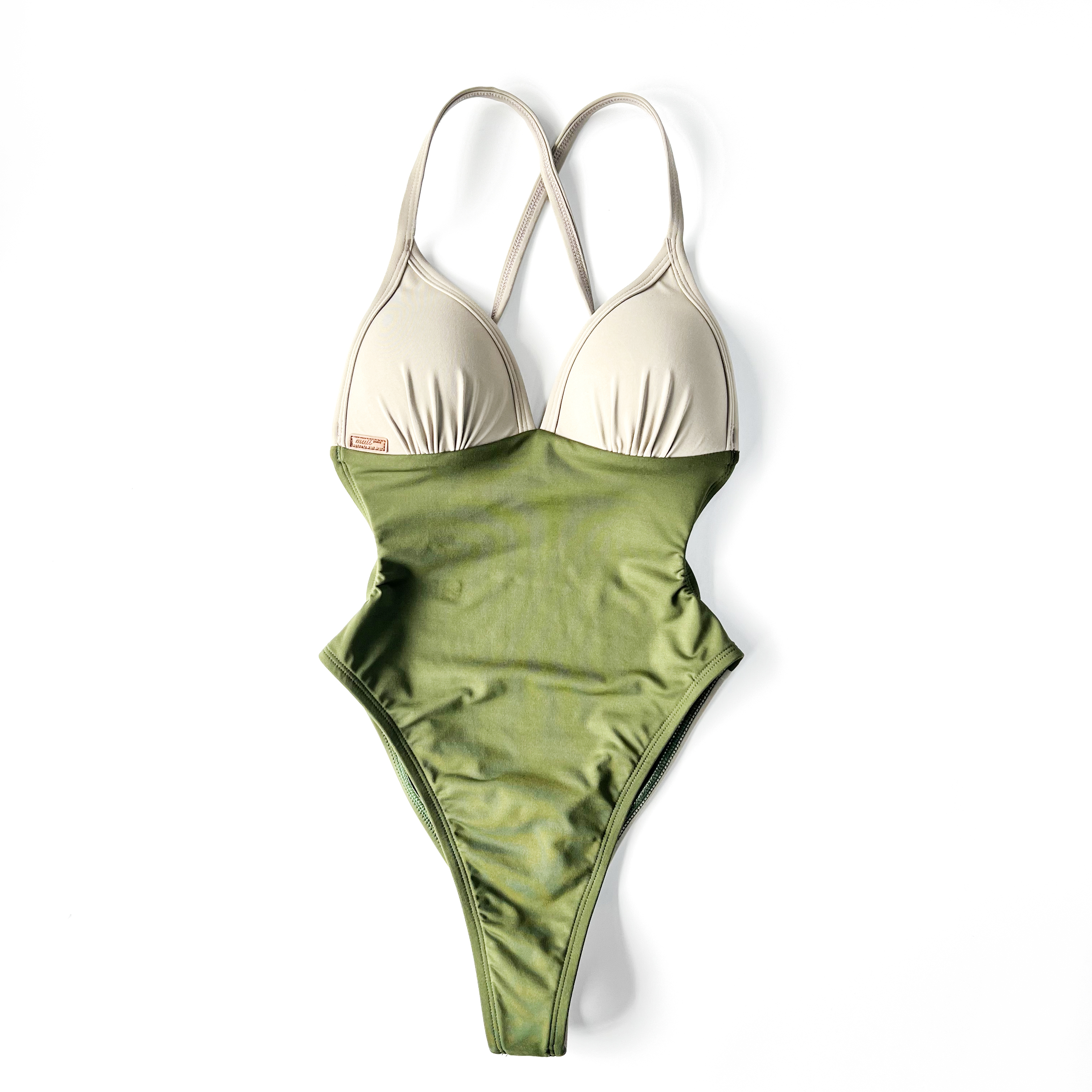 【泥灰x橄欖綠】UPVEW 三角美胸海鷗丁拼色連身泳裝