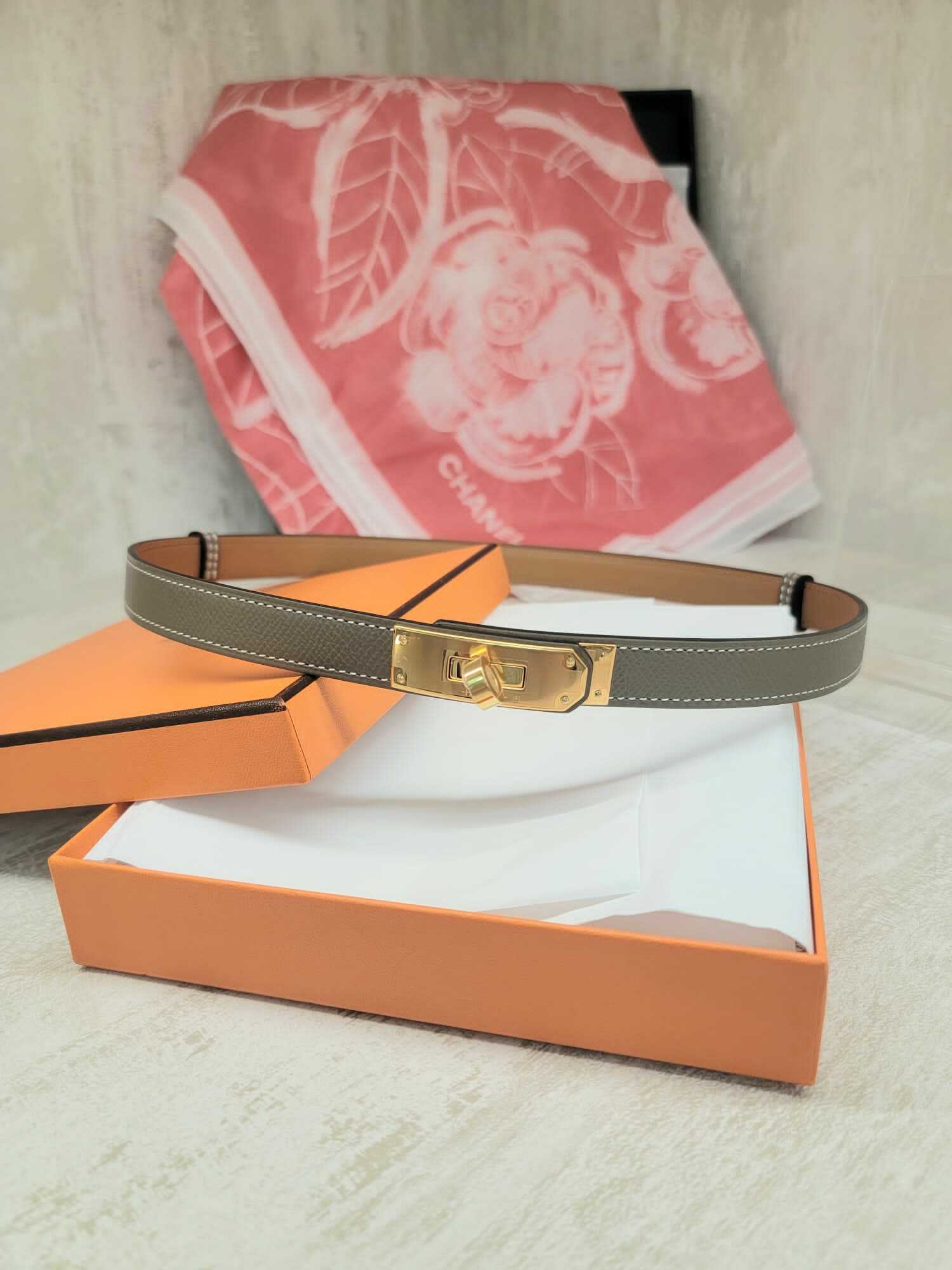 Hermes Kelly 皮帶 大象灰 金扣