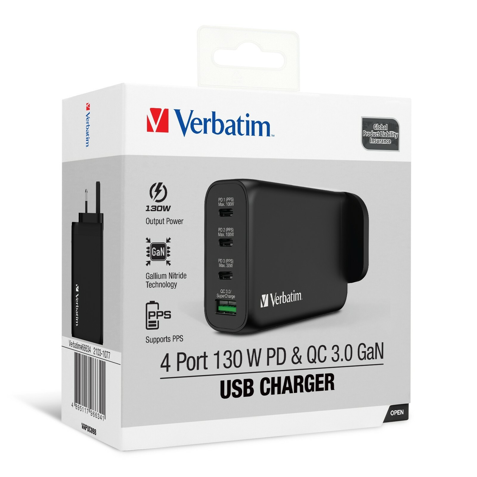 Verbatim 4 Port 130W PD & QC 3.0 GaN USB Charger[66634]