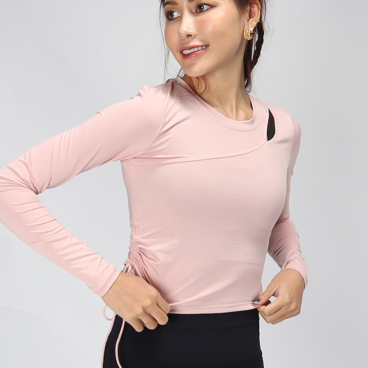 短版側抽繩肩孔瑜珈/運動/機能長袖*