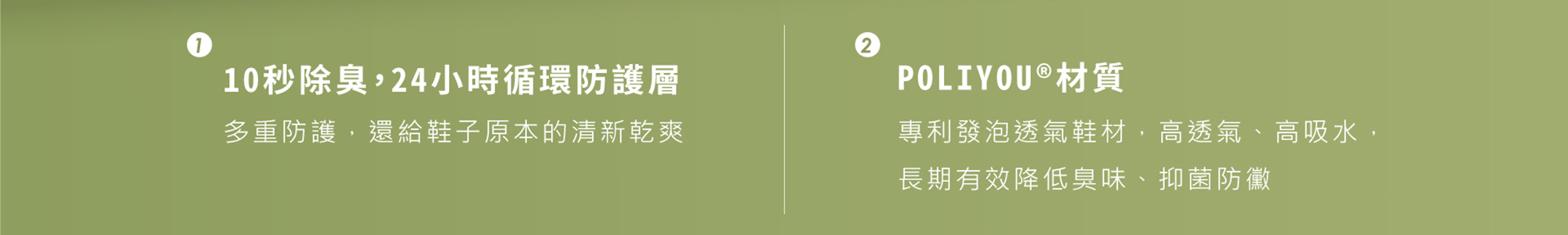 10秒除臭，24小時循環防護層.多重防護，還給鞋子原本的清新乾爽。POLIYOU®材質.專利發泡透氣鞋材，高透氣、高吸水， 長期有效降低臭味、抑菌防黴