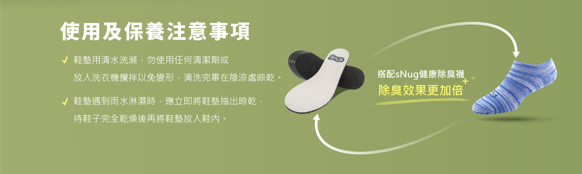 使用及保養注意事項鞋墊用清水洗滌，勿使用任何清潔劑或放入洗衣機攪拌以免變形，清洗完畢在陰涼處晾乾。鞋墊遇到雨水淋濕時，應立即將鞋墊抽出晾乾，待鞋子完全乾燥後再將鞋墊放入鞋內。搭配sNug健康除臭襪除臭效果更加倍