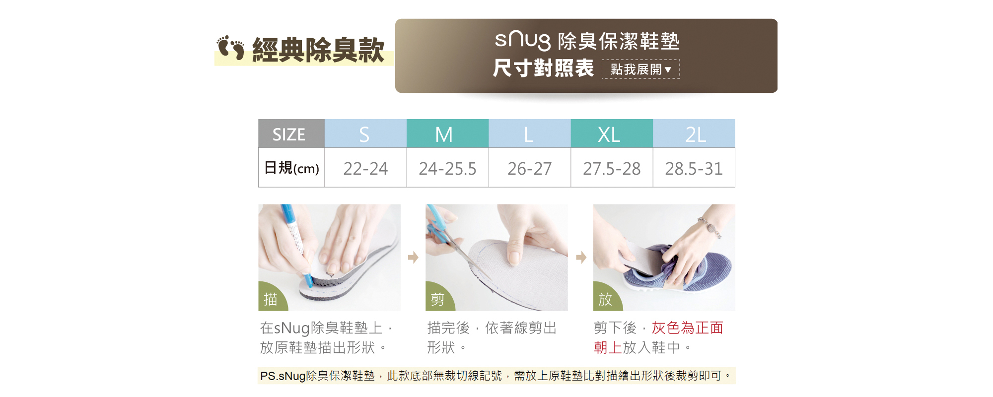 經典除臭款snug除臭保潔鞋墊尺寸對照表照表SIZE日規.S-22~24CM.M-24~25.5CM.L26~27CM.XL27.5~28CM.2L-28.5~31CM圖描在sNug除臭鞋墊上放原鞋墊描形狀描完後依著線剪出形狀後灰色為正面朝上放入鞋中