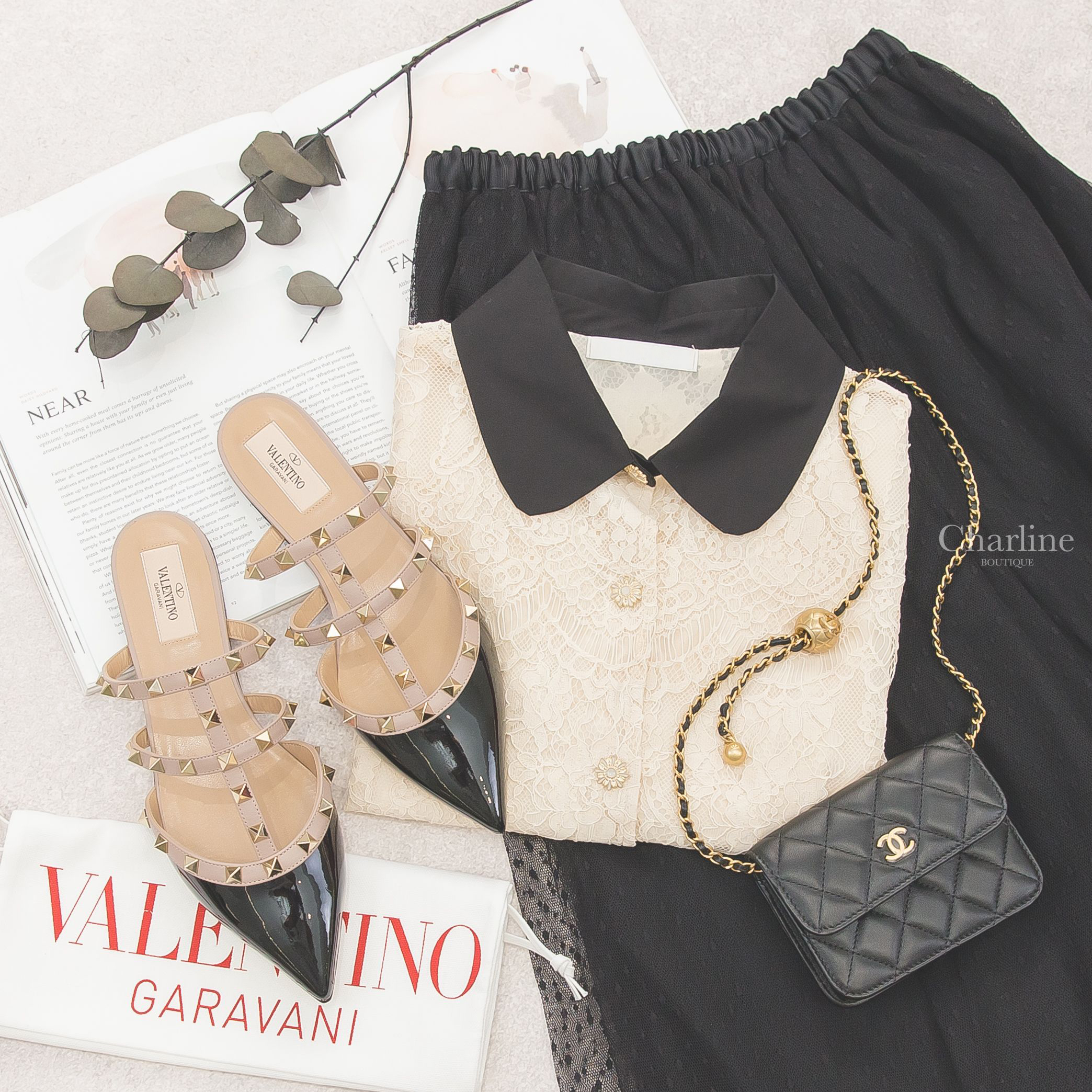 Valentino Rockstud Mule 黑色漆皮龐克卯釘尖頭穆勒鞋,Chanel Flap Coin Purse With Chain 黑色金CC金色小珠鍊帶小羊皮菱格紋零錢包-Charline Boutique 精品代購