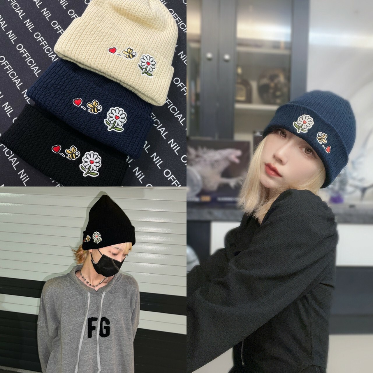 刺繡 蜜蜂 小花 標語 毛帽