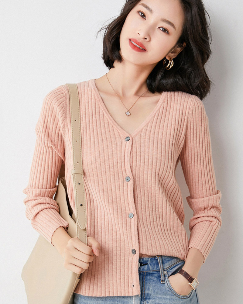 DEER.W V領坑條針織外套上衣 粉色