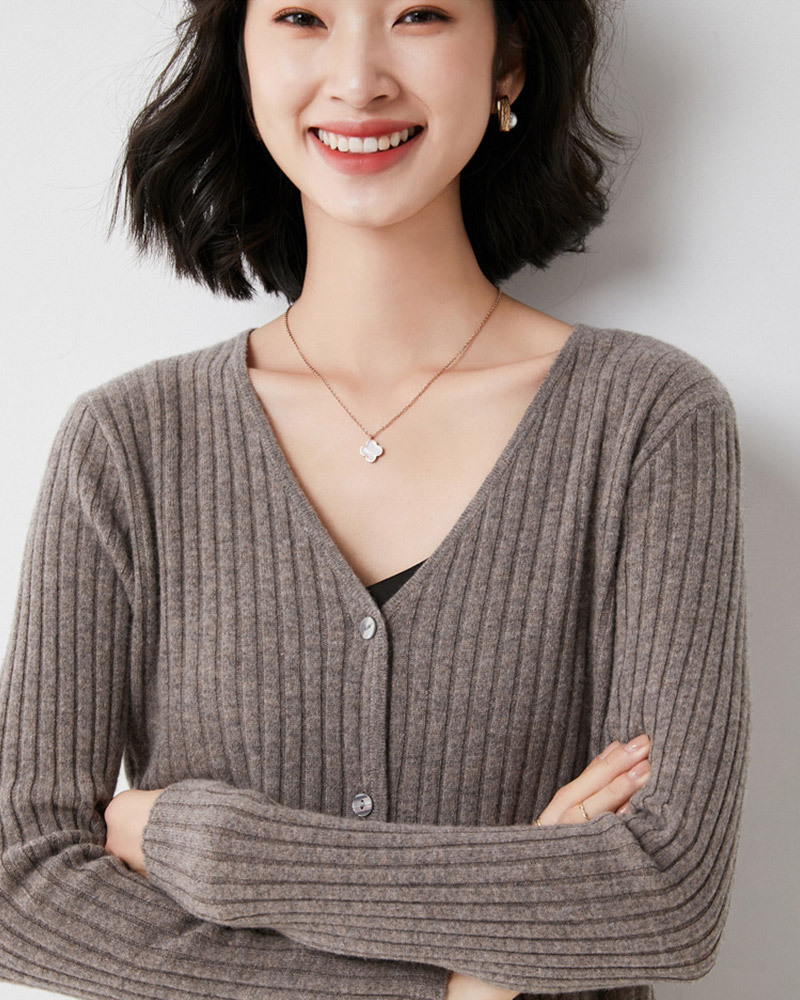 DEER.W V領坑條針織外套上衣 咖啡