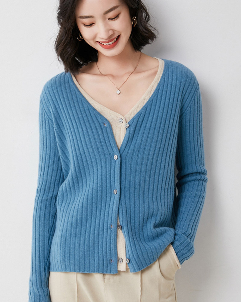 DEER.W V領坑條針織外套上衣 藍色