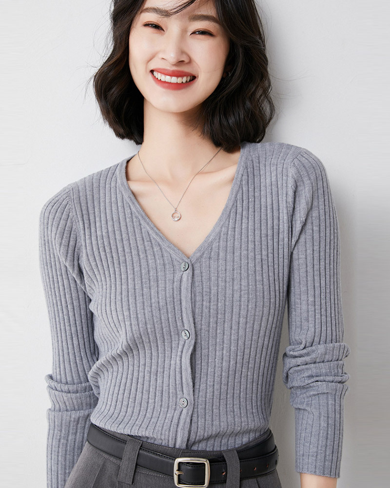DEER.W V領坑條針織外套上衣 灰色