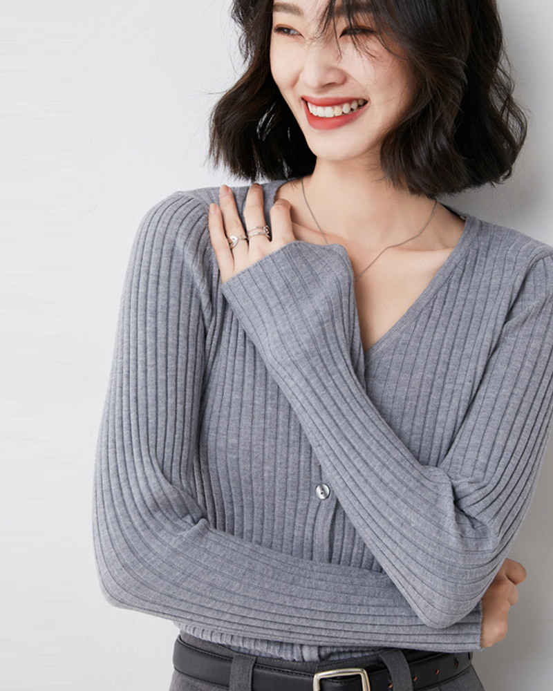 DEER.W V領坑條針織外套上衣 灰色