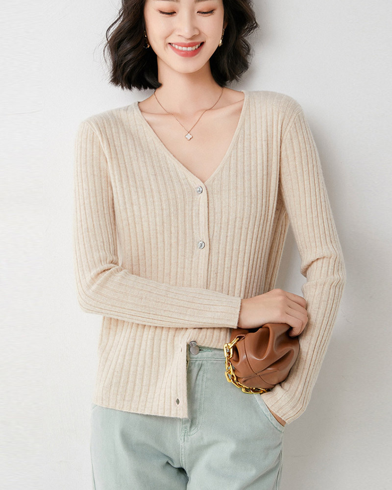 DEER.W V領坑條針織外套上衣 杏色